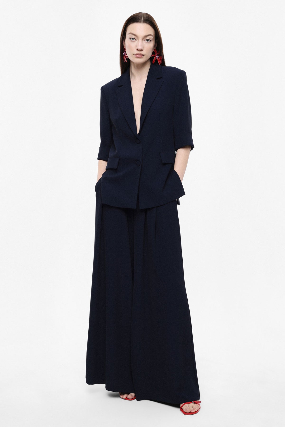 Pantalon de tailleur palazzo en crêpe infroissable bleu – Femme