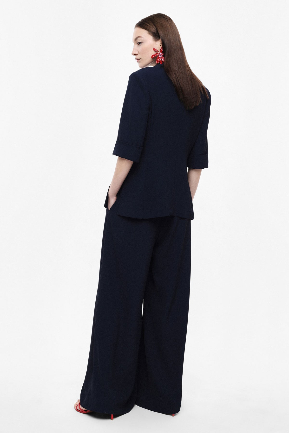 Pantalon de tailleur palazzo en crêpe infroissable bleu – Femme
