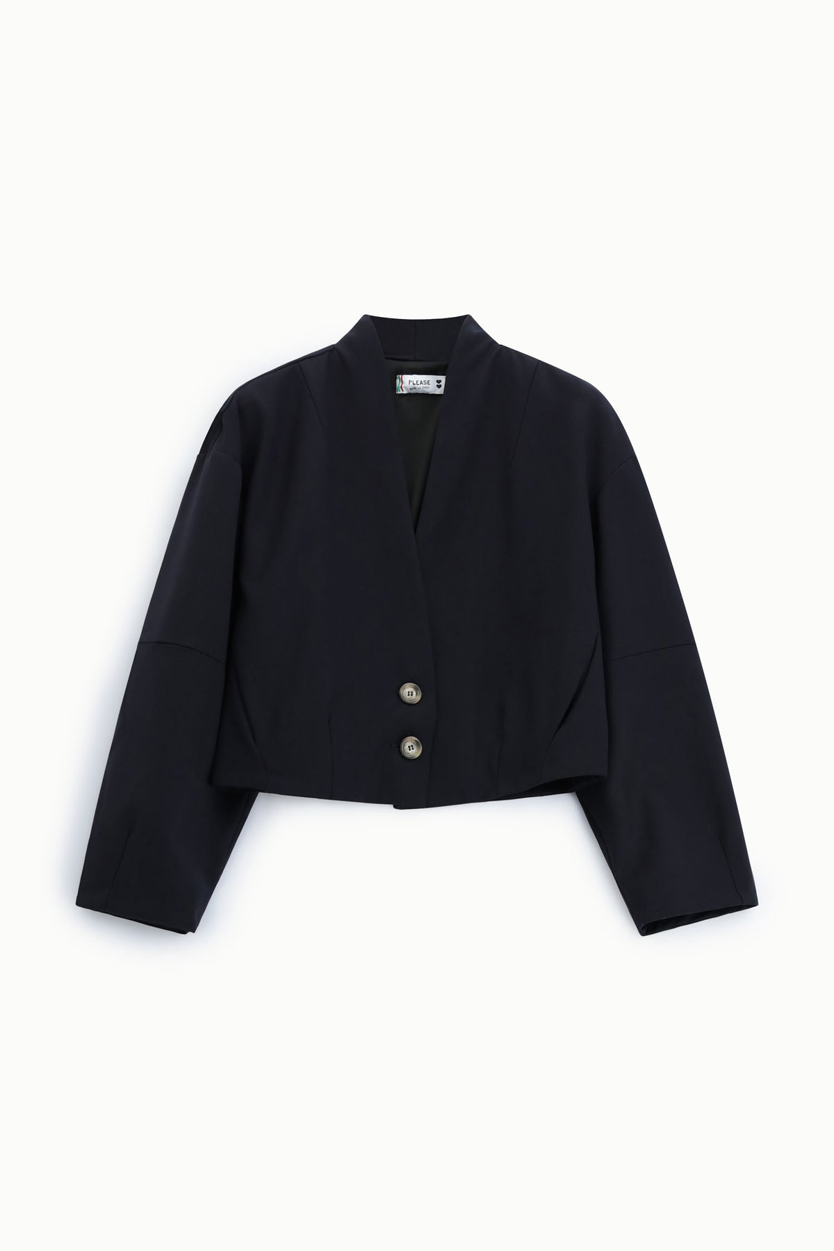 Veste courte col pointe en crêpe bleu marine – Femme