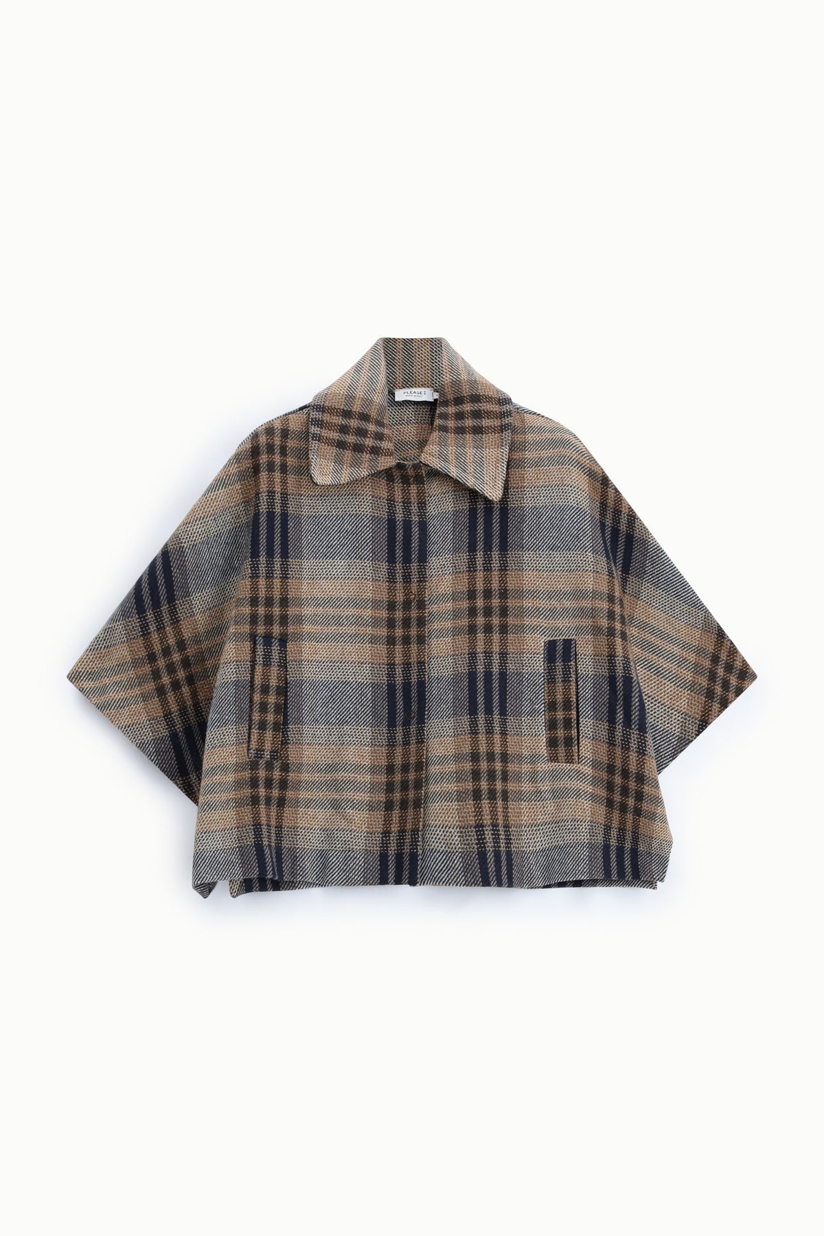 Poncho à col chemise à carreaux bleu marine à plat – Please