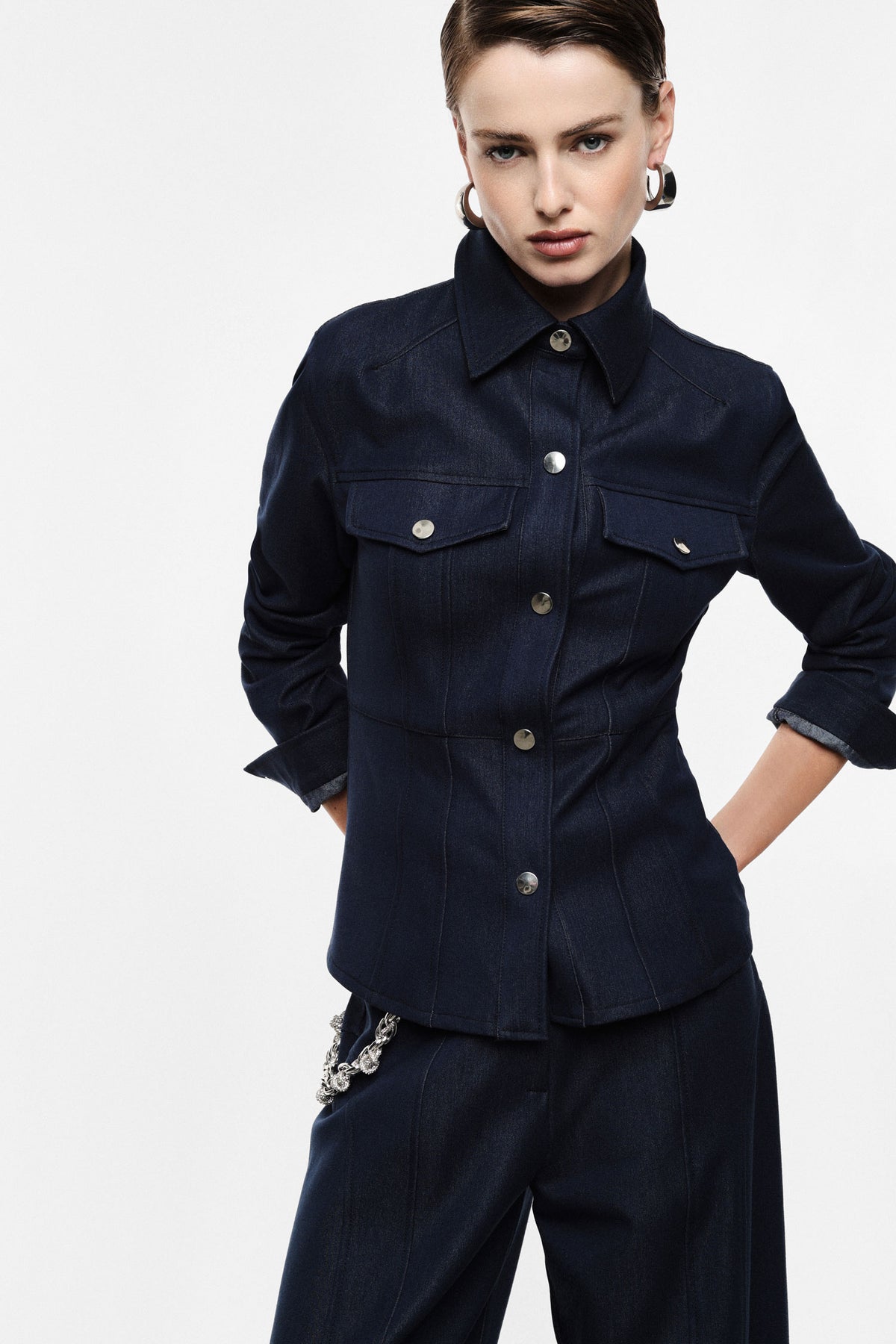 Veste chemise en toile denim boutons métal bleu denim – Femme
