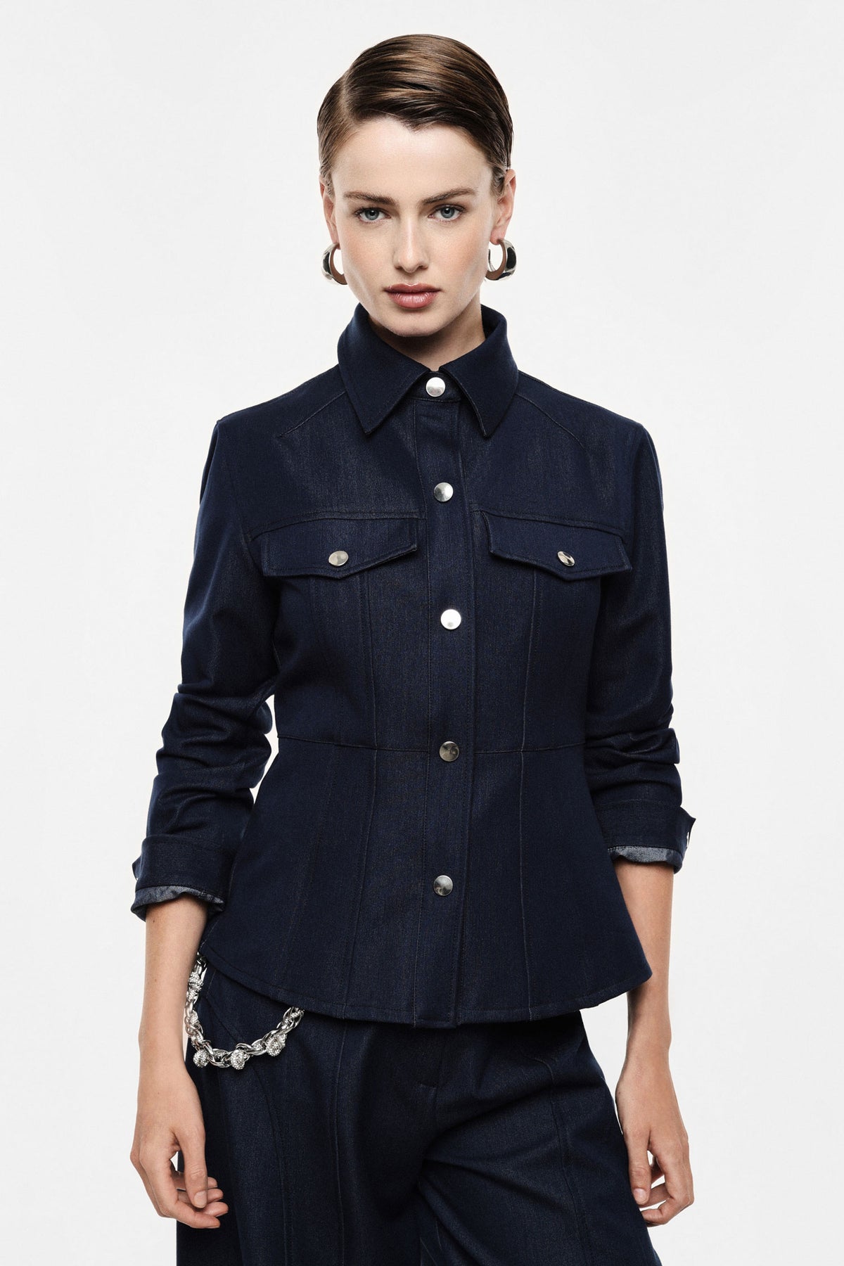 Veste chemise en toile denim boutons métal bleu denim – Femme