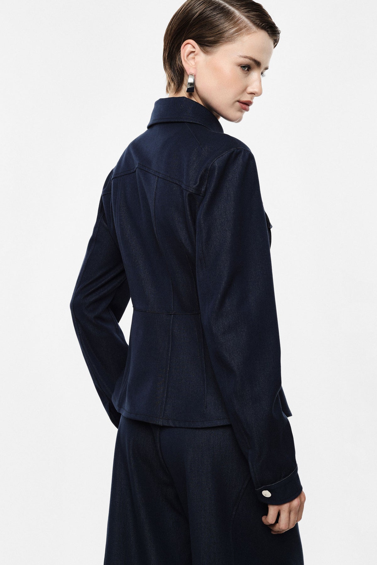 Veste chemise en toile denim boutons métal bleu denim – Femme