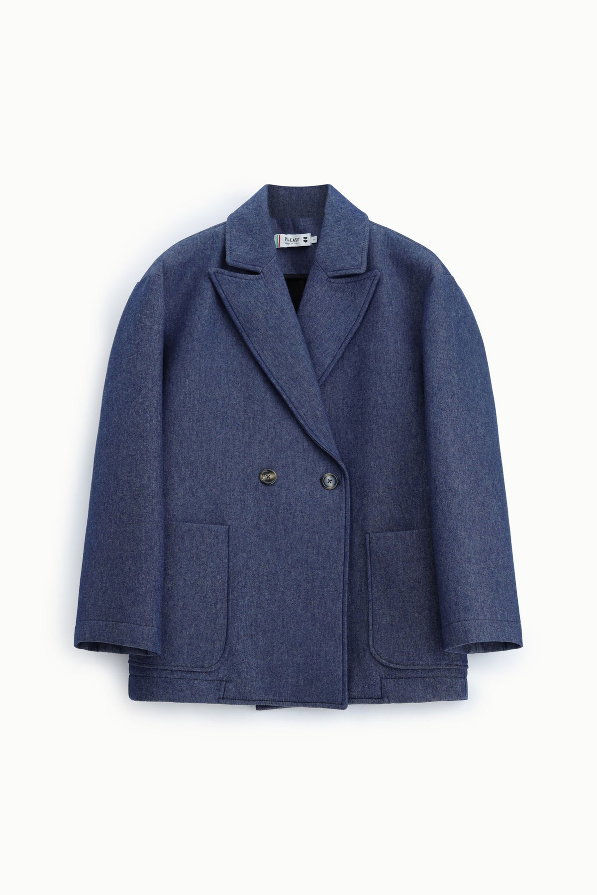 Manteau court croisé oversize en drap bleu denim à plat – Please