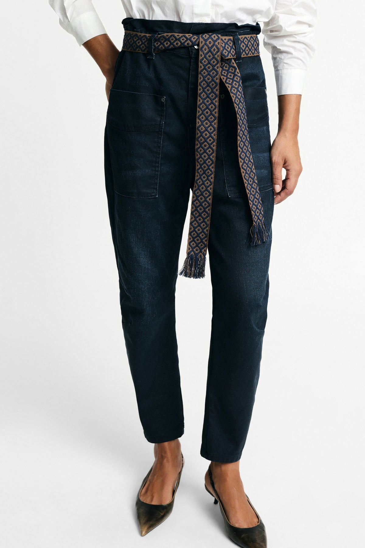 Jean taille haute paperbag ceinturé bleu denim – Femme
