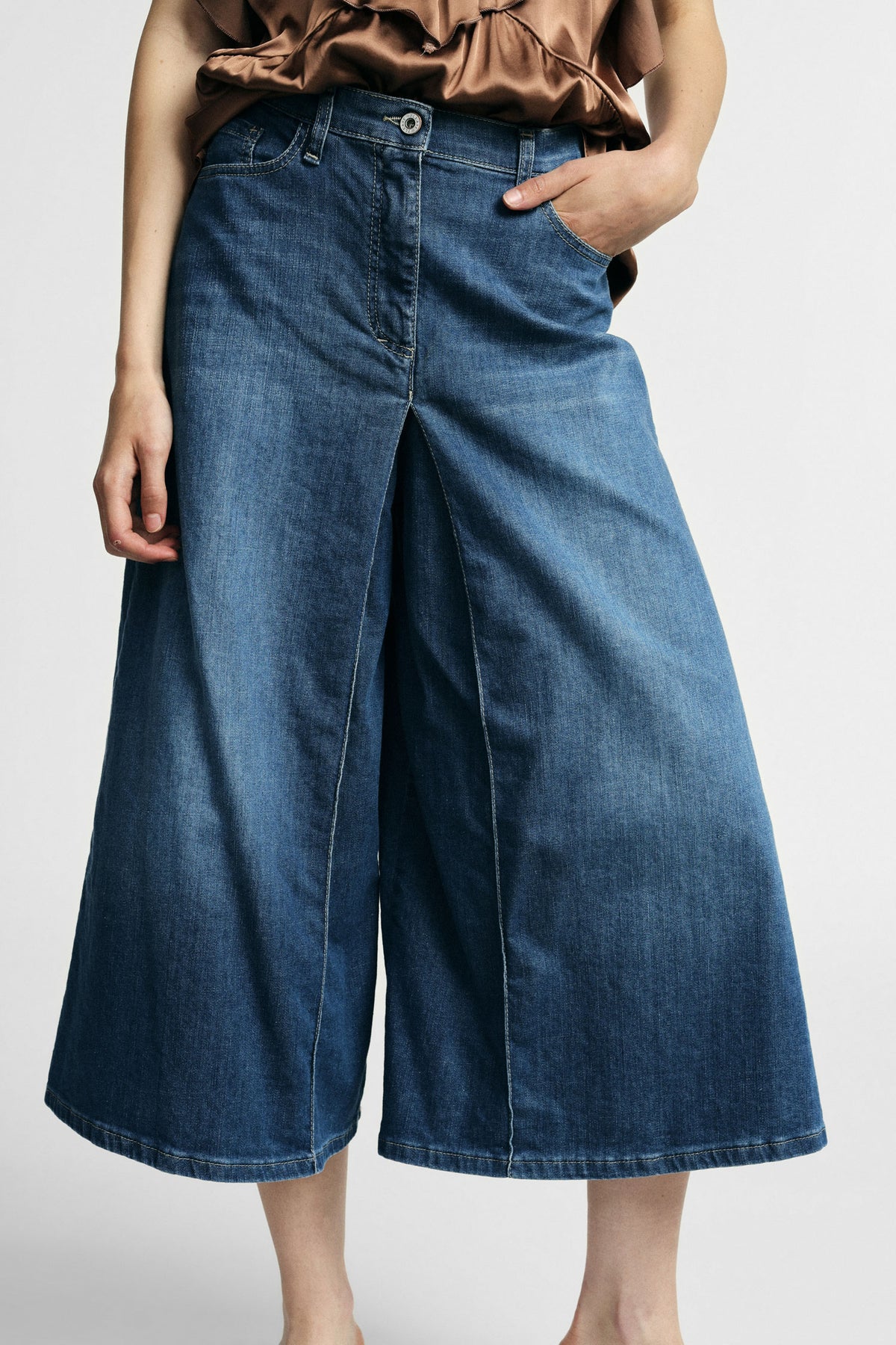 Jupe-culotte en denim à pli creux bleu délavé – Please