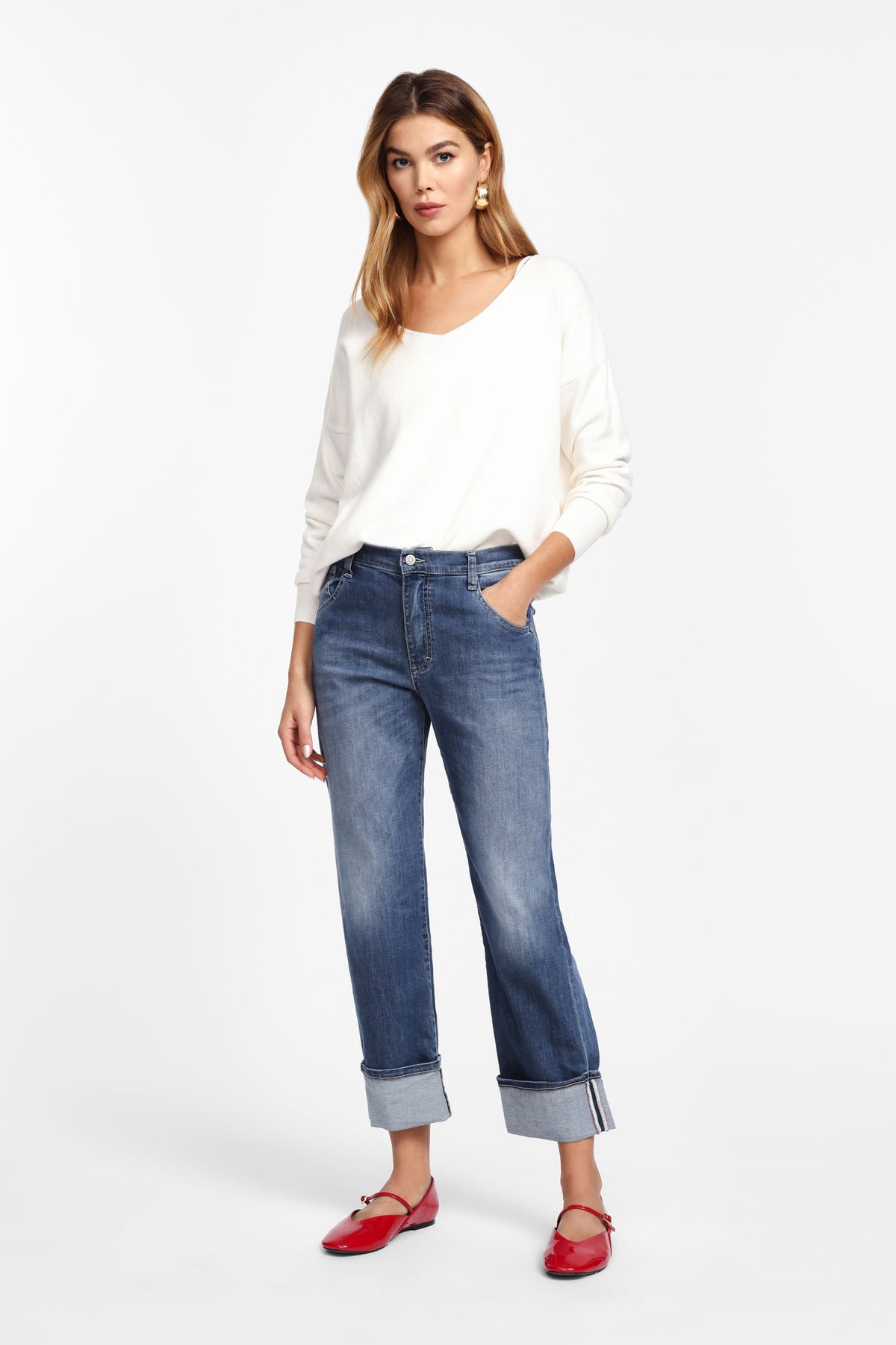 Jean droit cropped à larges revers bleu denim – Please