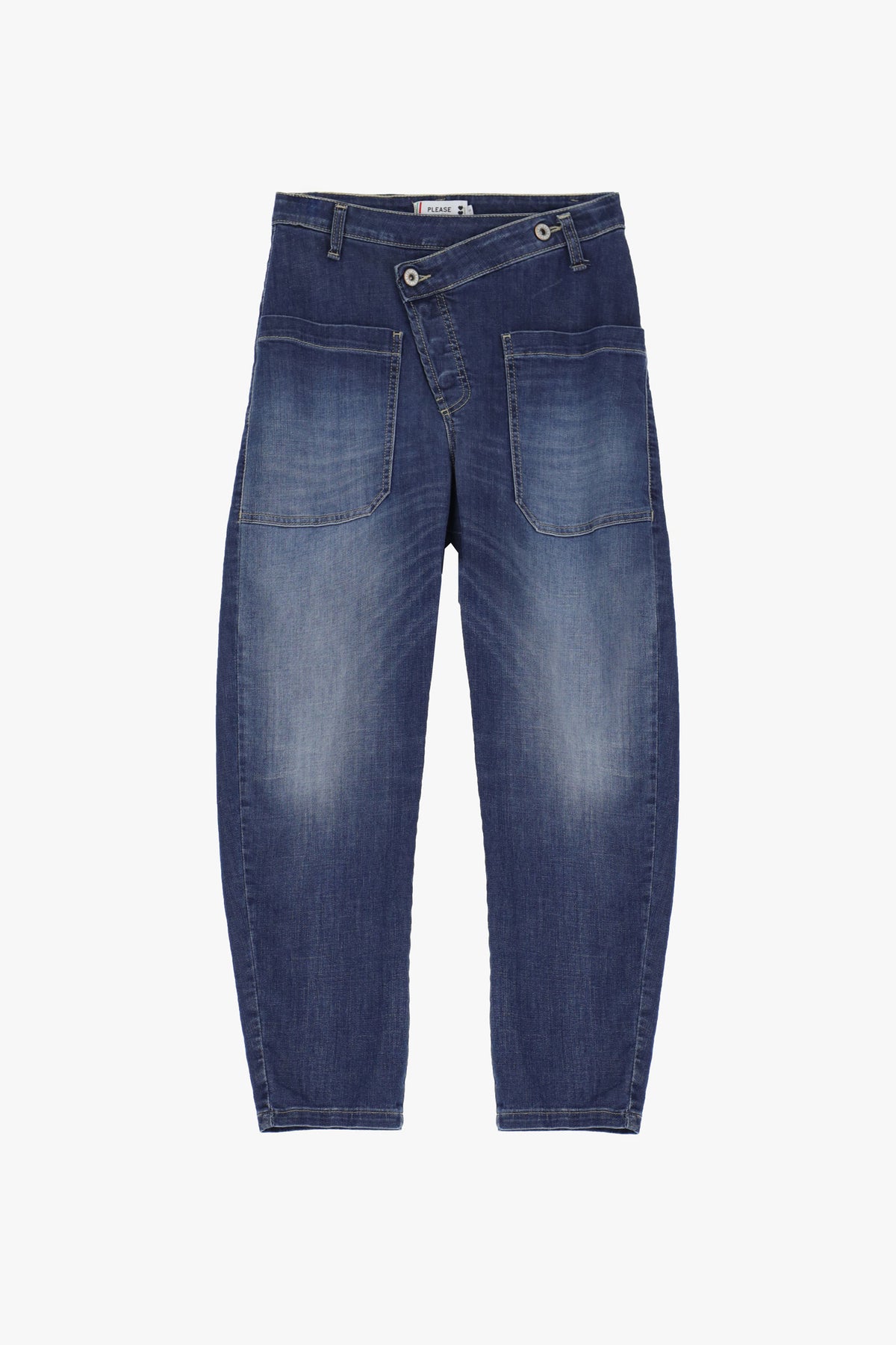 Jean baggy à boutonnage décalé bleu denim – Please