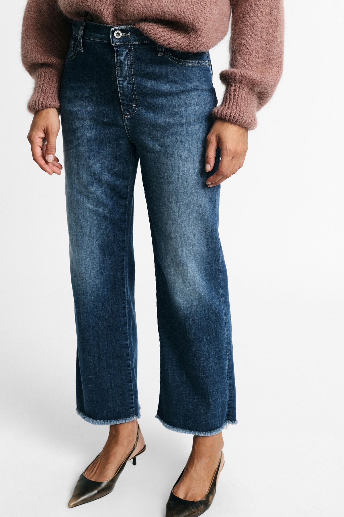 Jean jambe large effet usé à ourlet effiloché bleu denim – Please