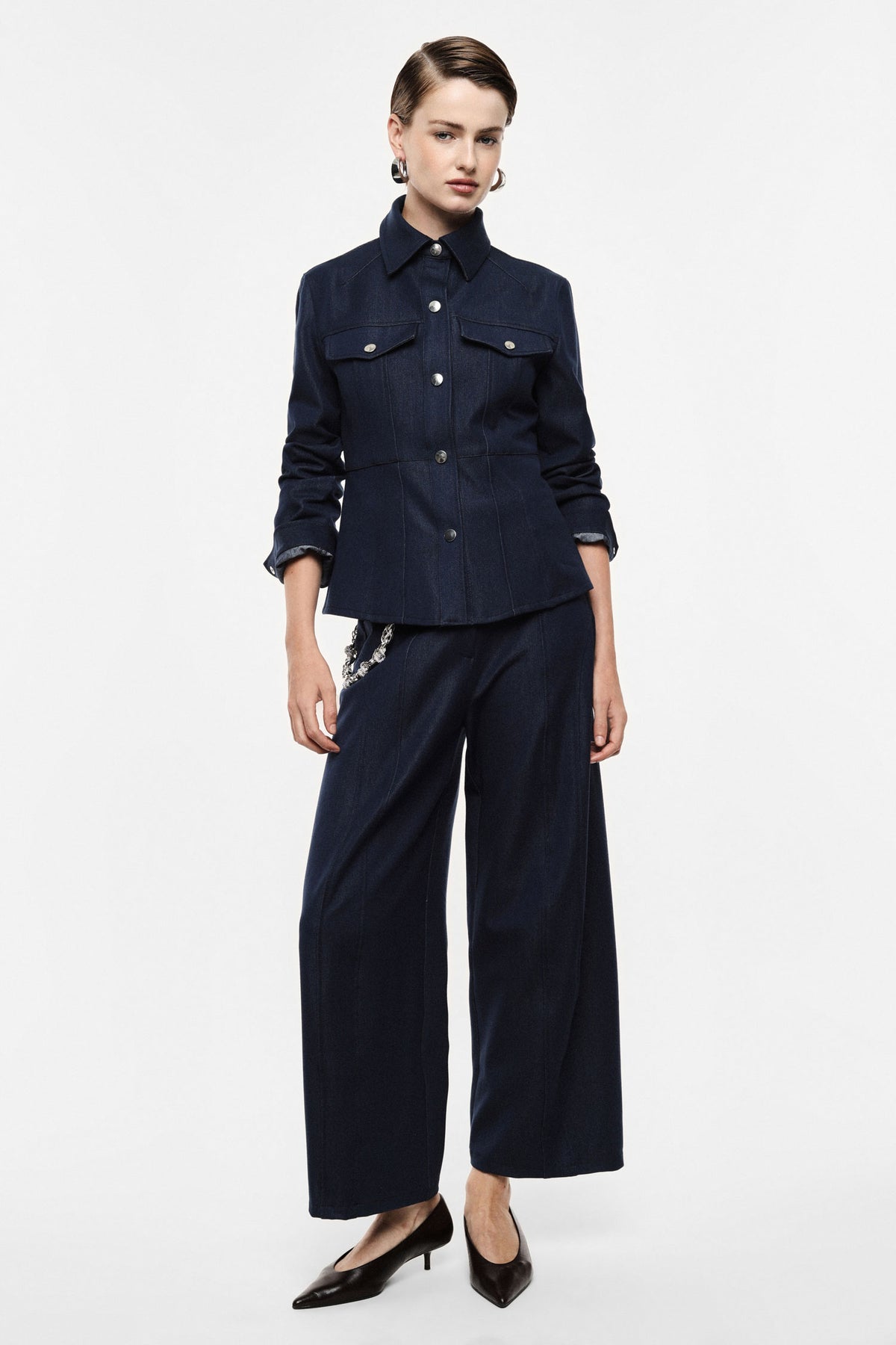 Pantalon palazzo en toile denim à chaîne bleu denim – Femme