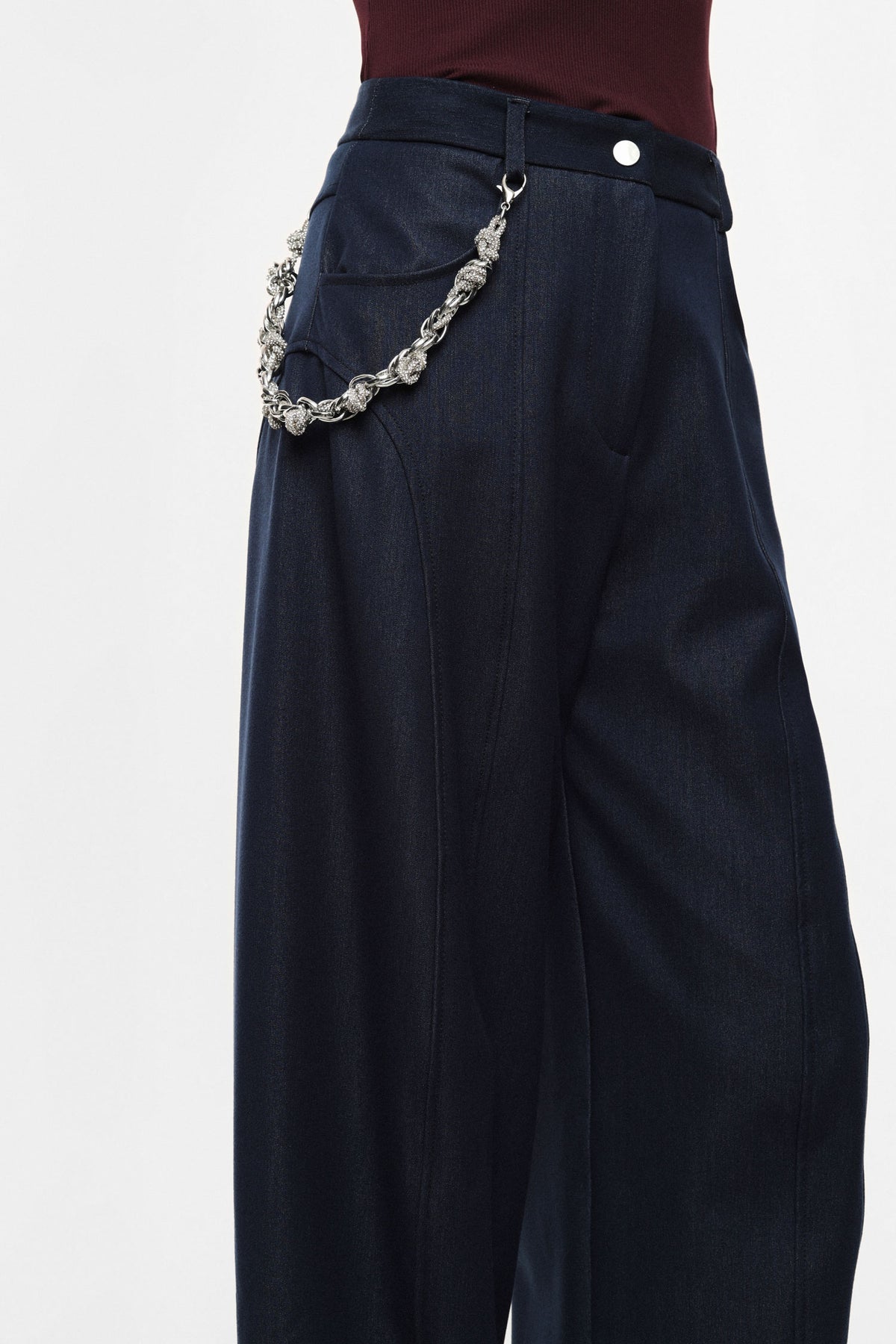 Pantalon palazzo en toile denim à chaîne bleu denim – Femme