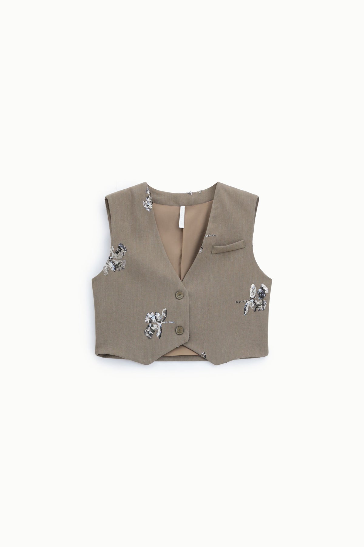 Gilet de tailleur court en piqué brodé de sequins kaki – Femme