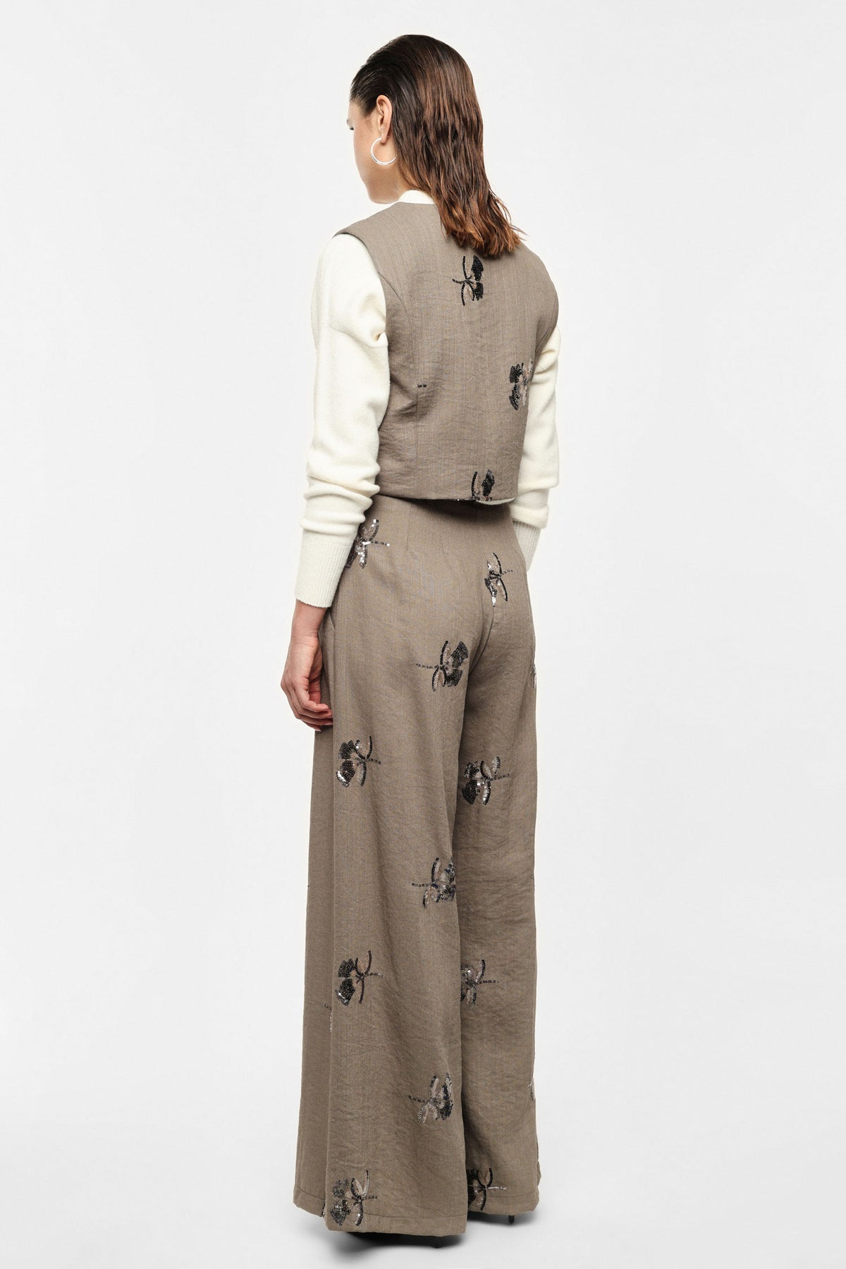 Pantalon palazzo taille haute en piqué brodé de sequins kaki – Femme