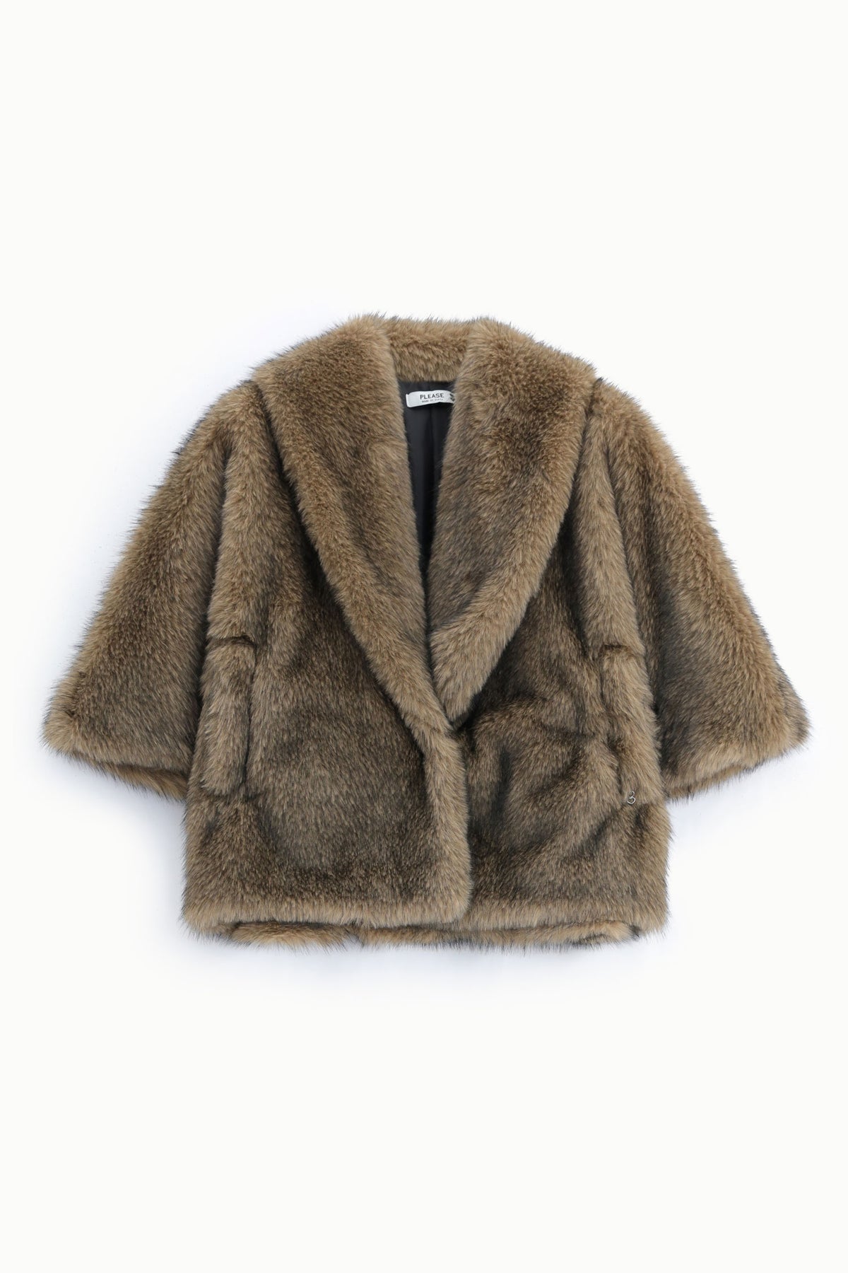 Veste courte en fausse fourrure à col châle camel à plat – Please
