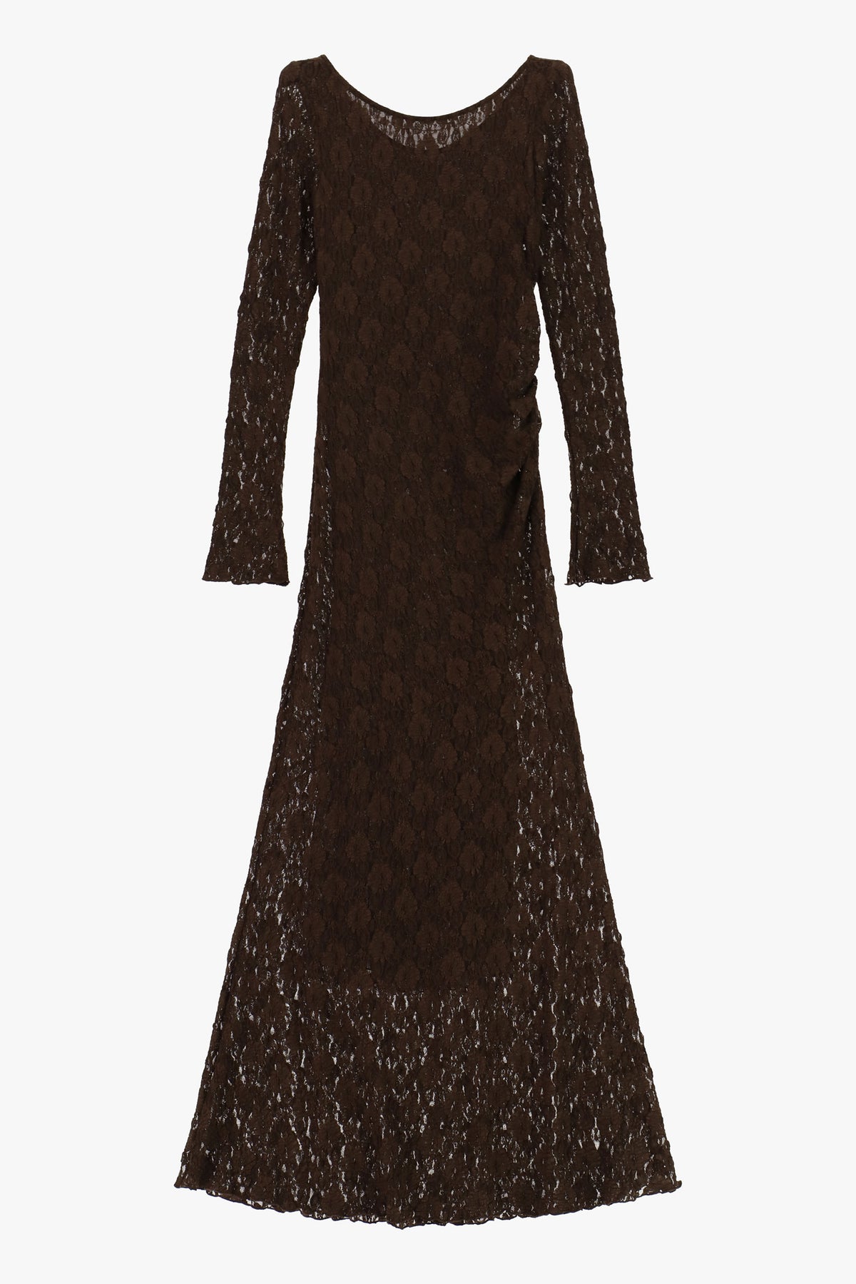 Robe longue en dentelle manches longues marron – Femme