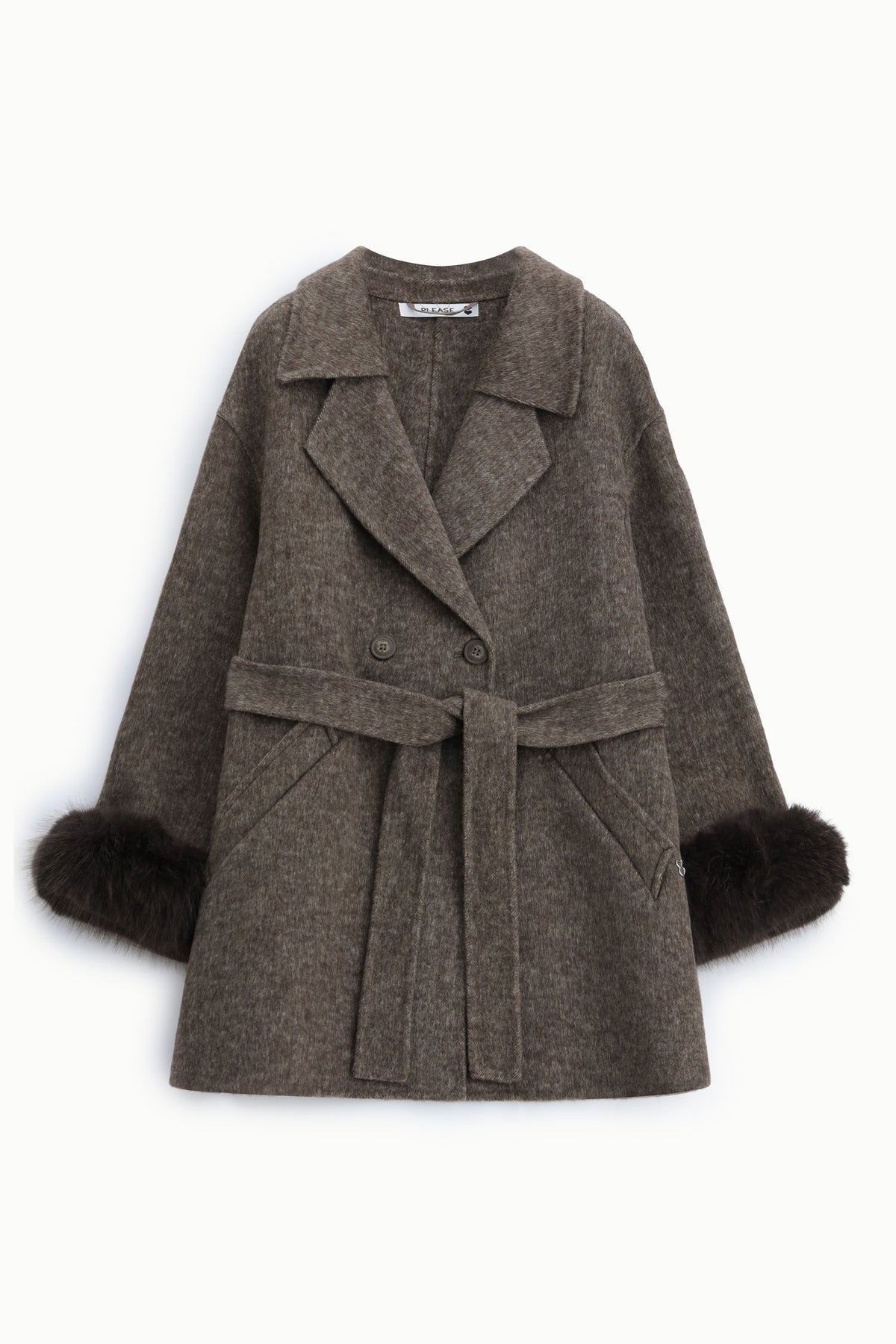 Manteau croisé poignets fausse fourrure marron – Please