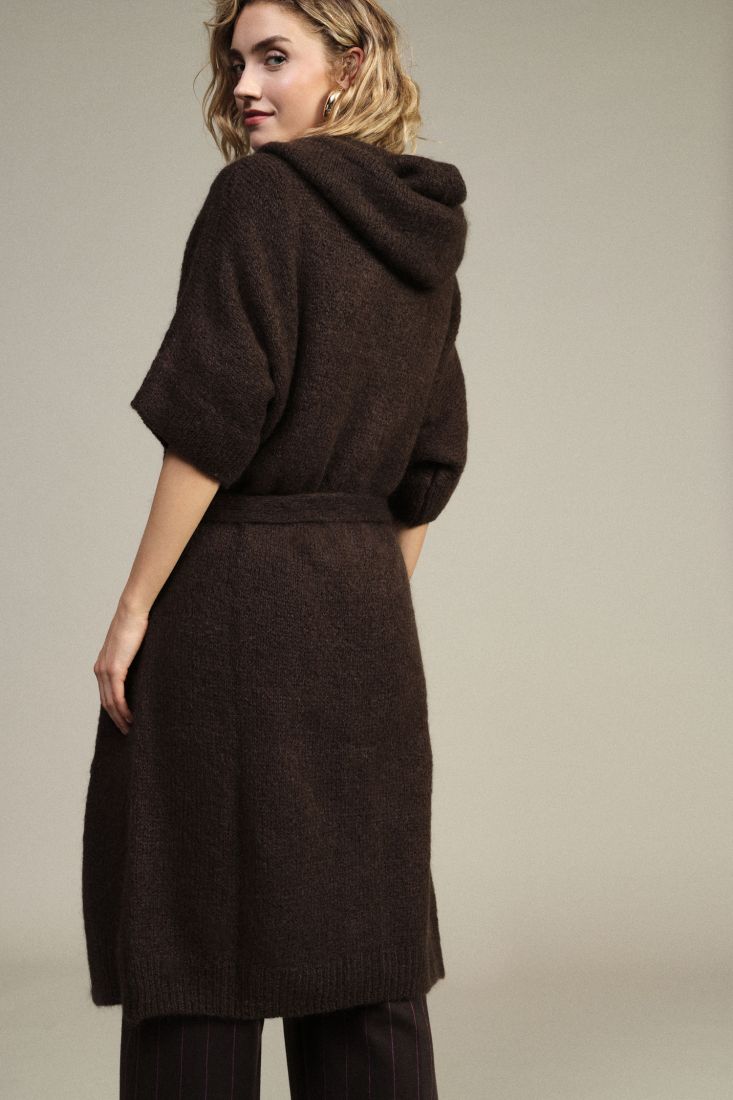 Cardigan long a capuche et ceinture chocolat Dixie Femme vue de dos
