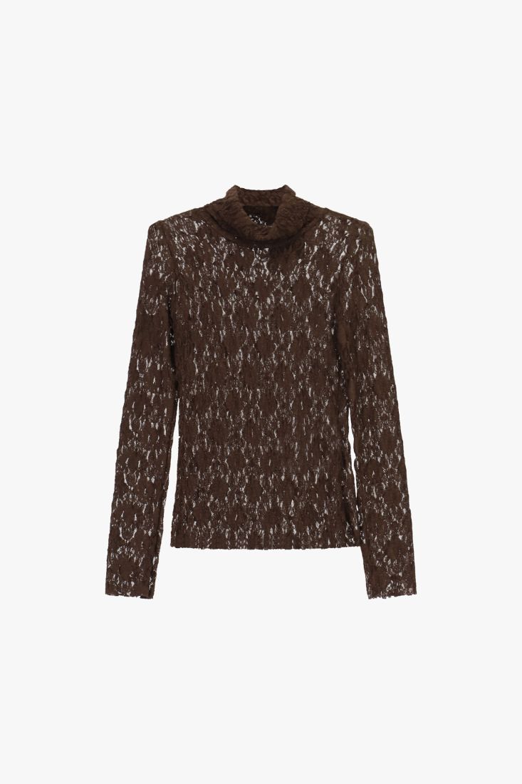 Top en dentelle manches longues col roule chocolat Dixie Femme vue de face