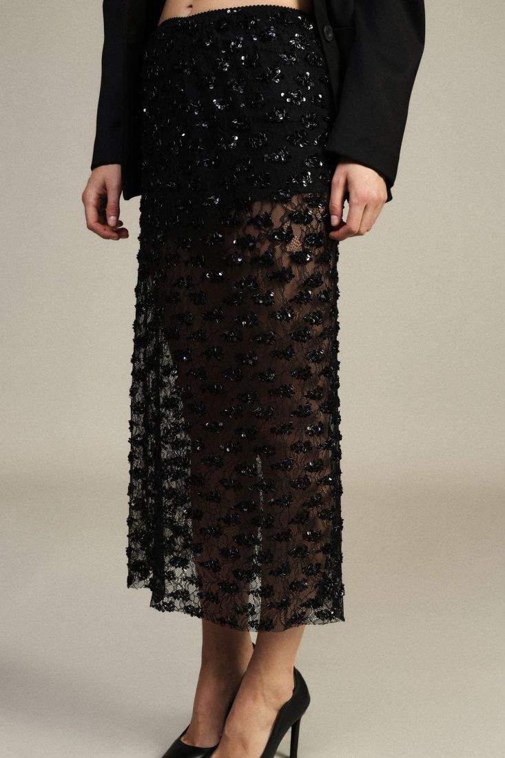 Jupe midi brodee transparence taille haute noire Dixie Femme vue de profil