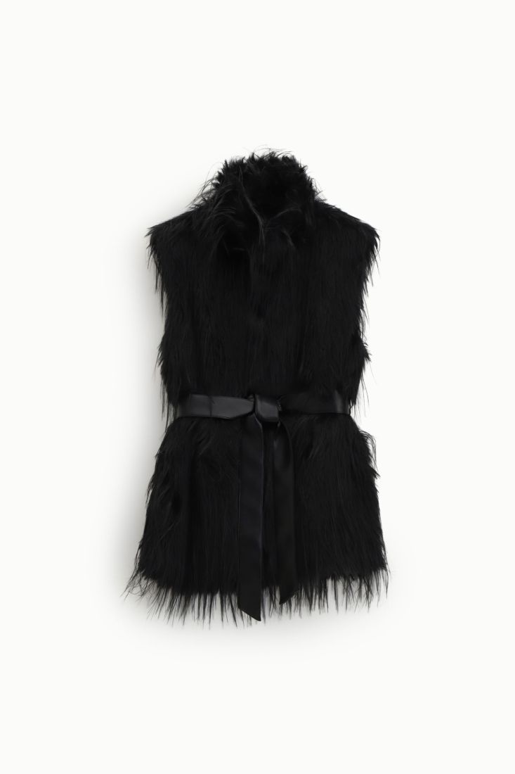 Manteau sans manches a ceinture effet fourrure longue noir Dixie Femme vue produit