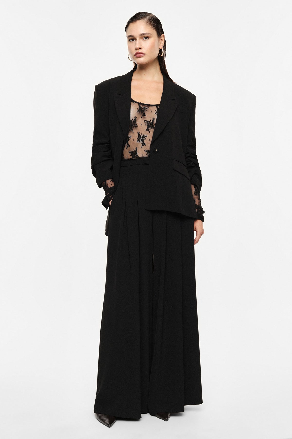Pantalon palazzo taille haute ceinturé noir – Femme