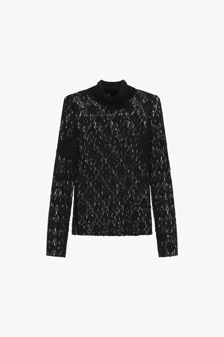 Top en dentelle manches longues col roule noir Dixie Femme vue de face