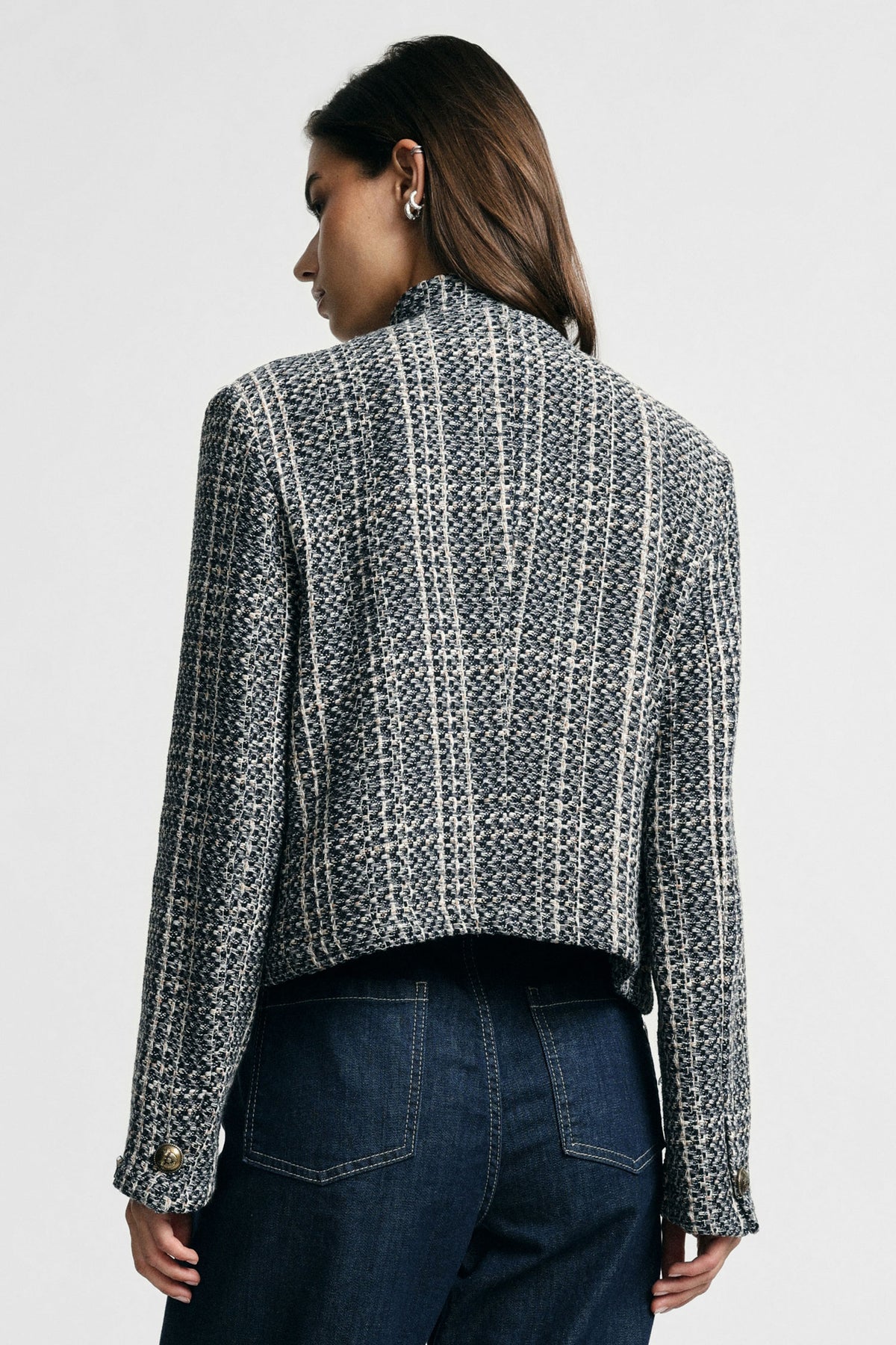 Veste chemise courte à boutons métalliques gris chiné – Please