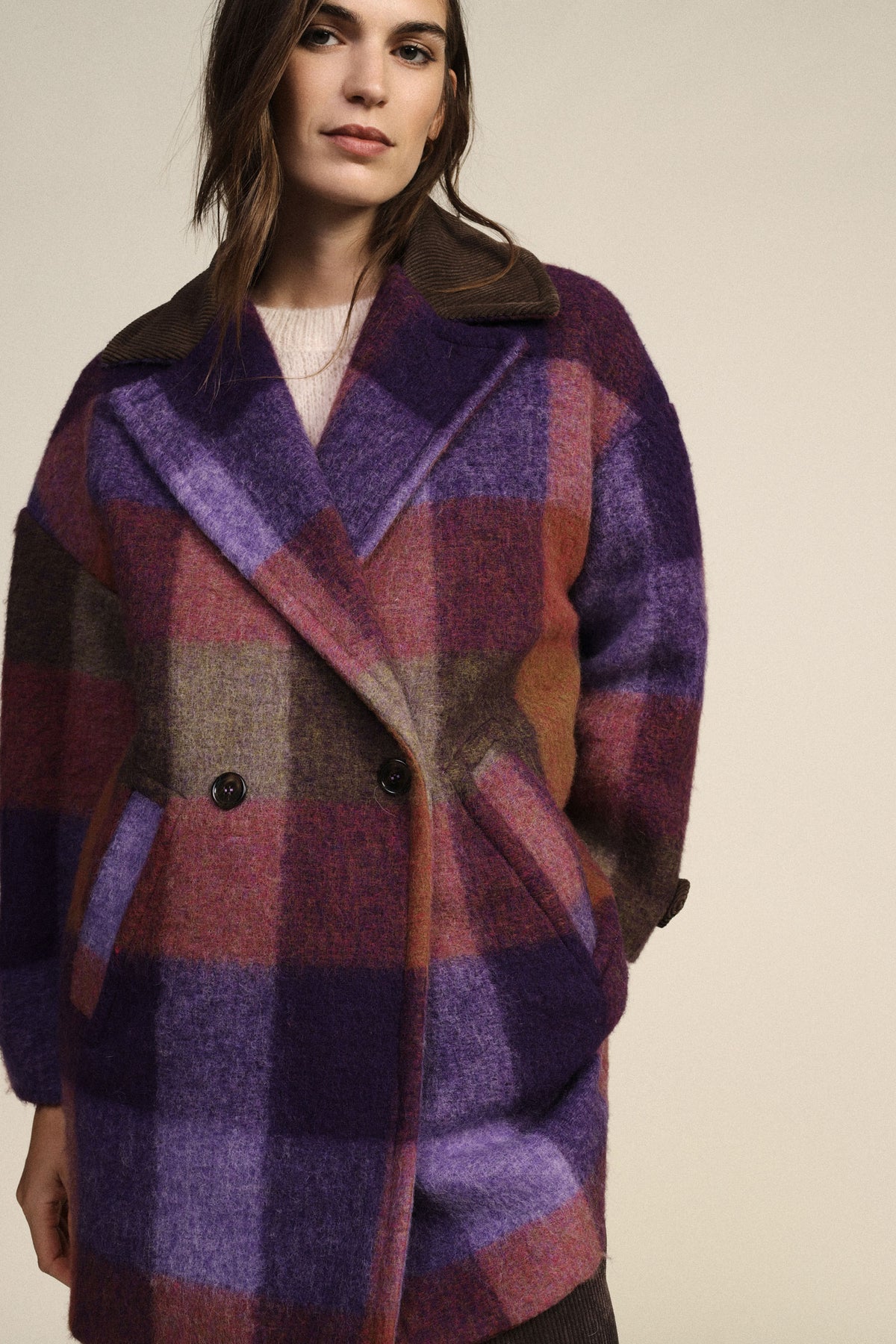 Manteau croisé à carreaux laine brossée col velours multicolore Dixie, vue de profil