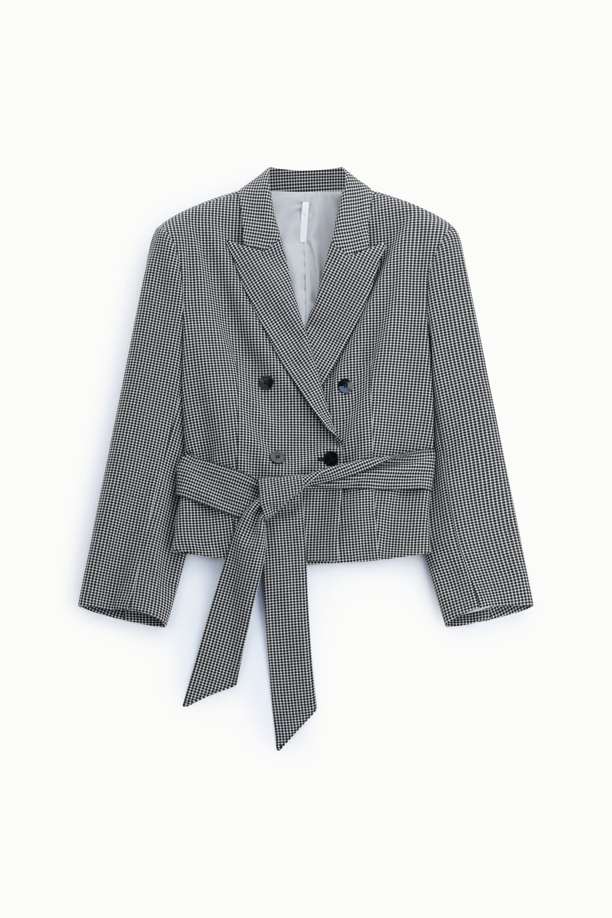 Blazer croisé ceinturé pied-de-poule noir et blanc – Femme