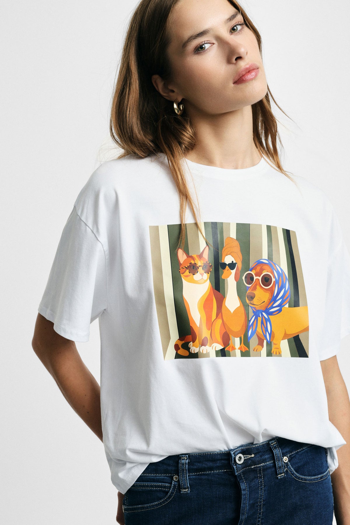 T-shirt imprimé chats blanc et vert – Please