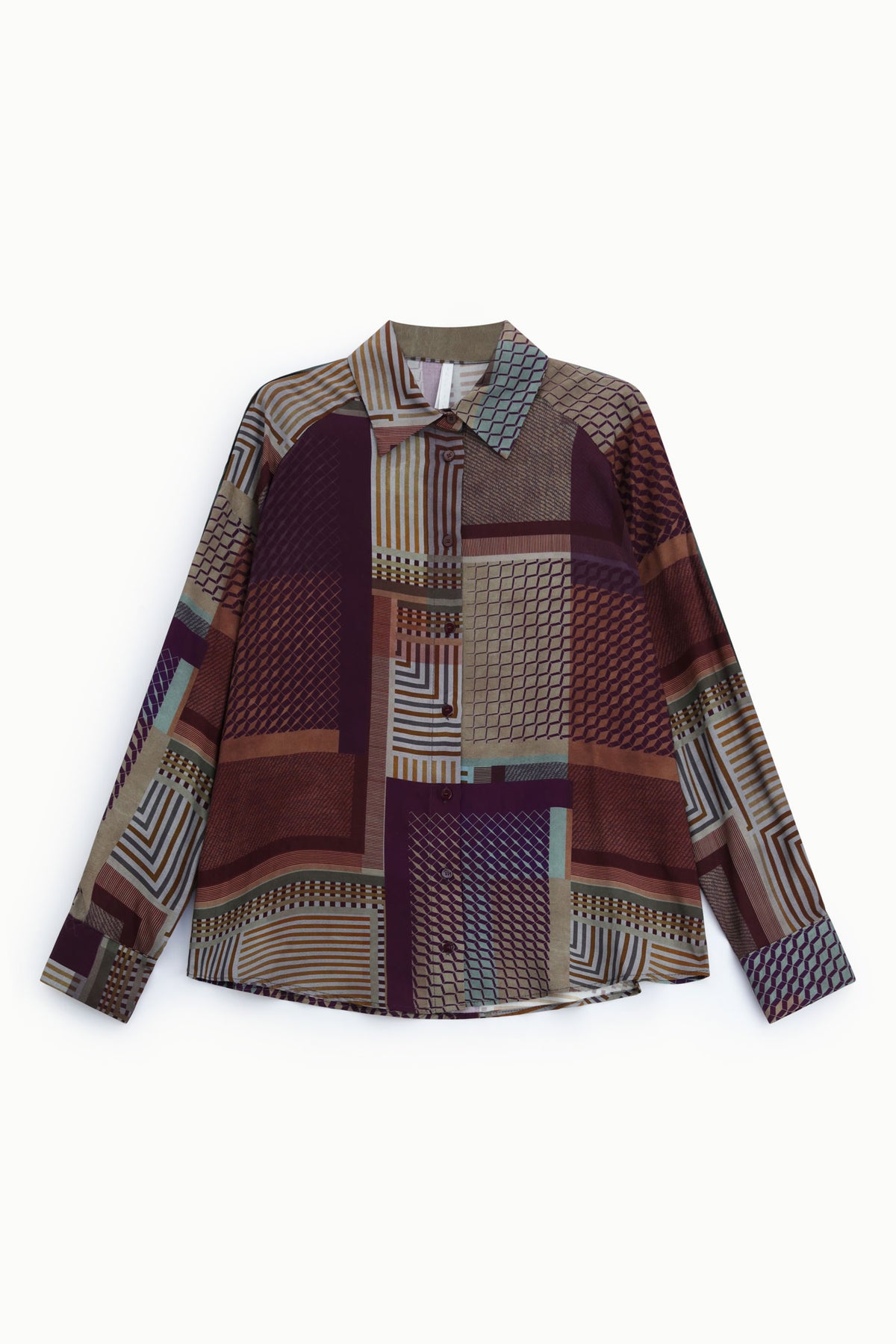 Chemise à motif géométrique prune et écru – Femme