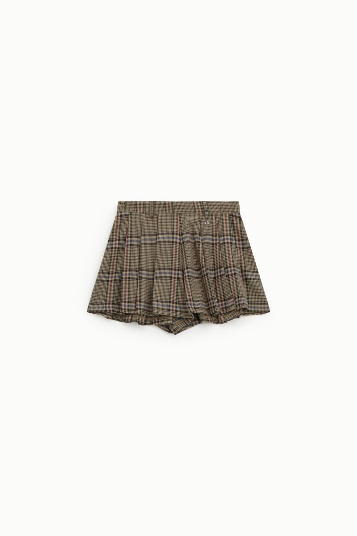 Jupe-short plissee a carreaux bordeaux et camel Dixie Femme vue produit