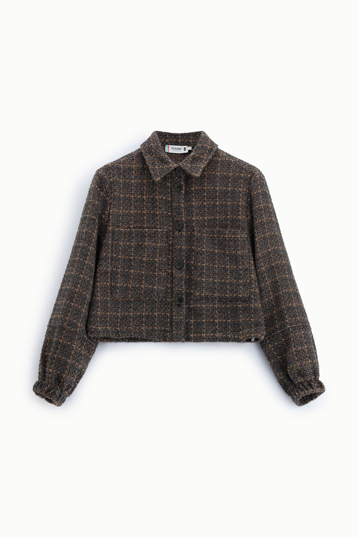Veste courte col pointe en crêpe gris et camel – Femme