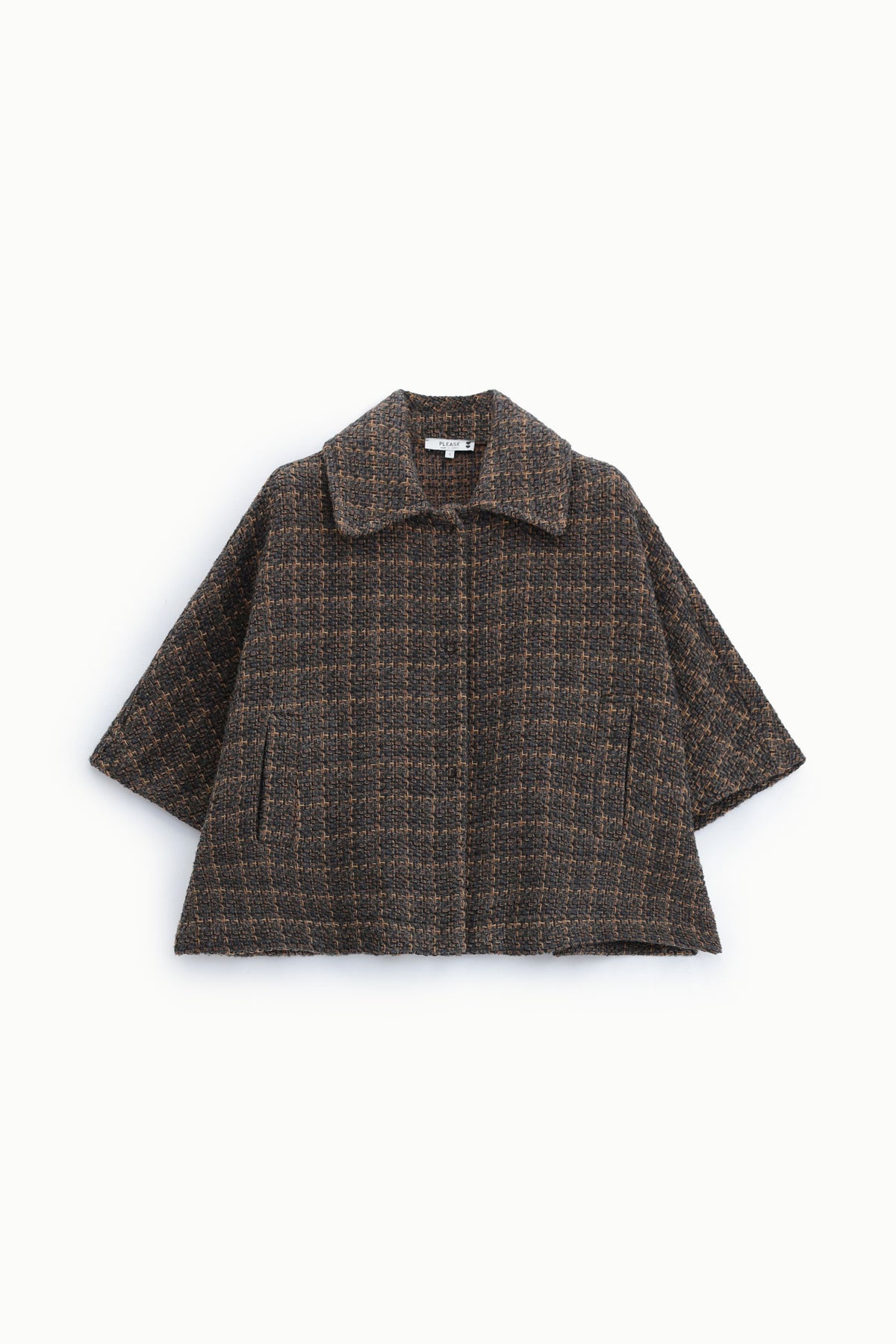 Veste courte col pointe en crêpe gris et camel – Femme