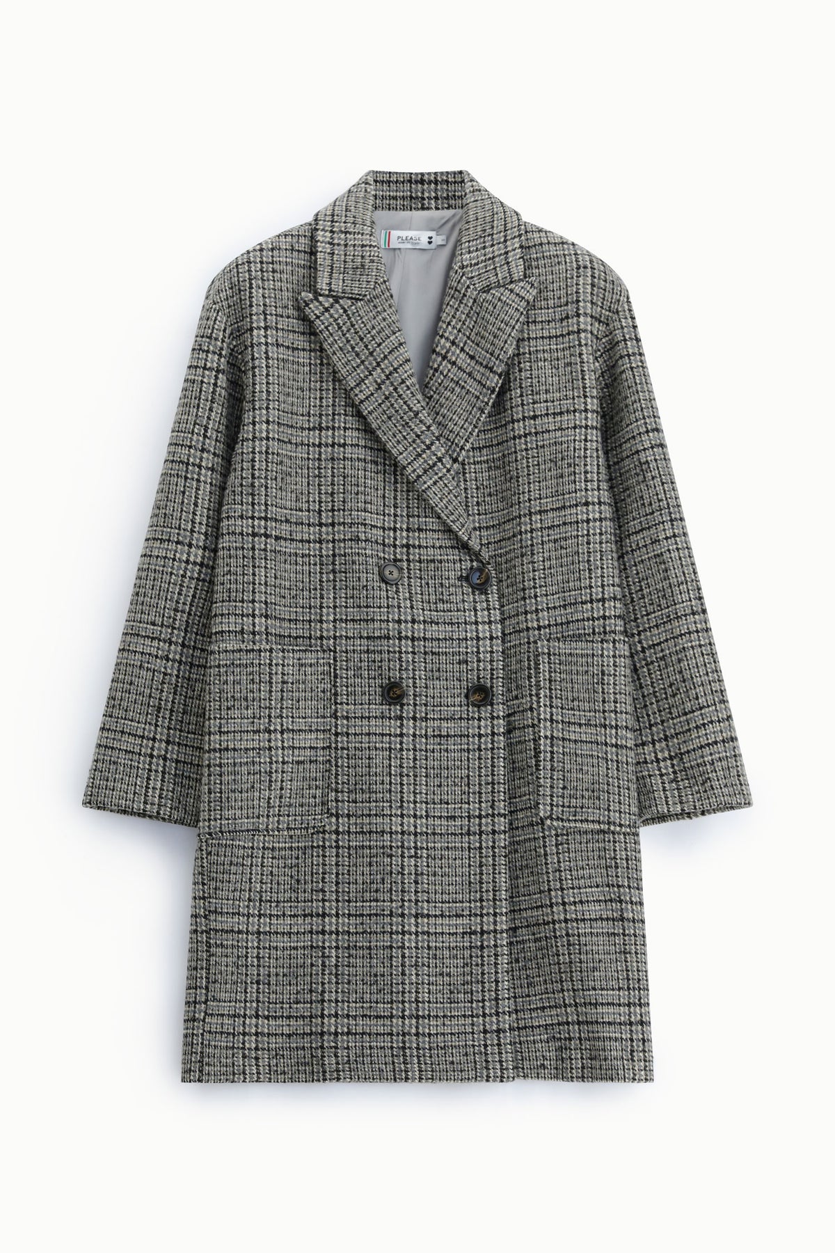 Manteau long croisé à carreaux noir et gris à plat – Please