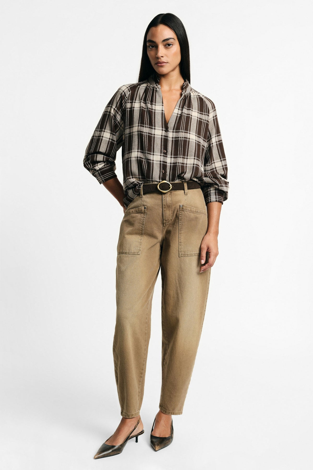 Pantalon taille haute à grandes poches plaquées kaki – Femme