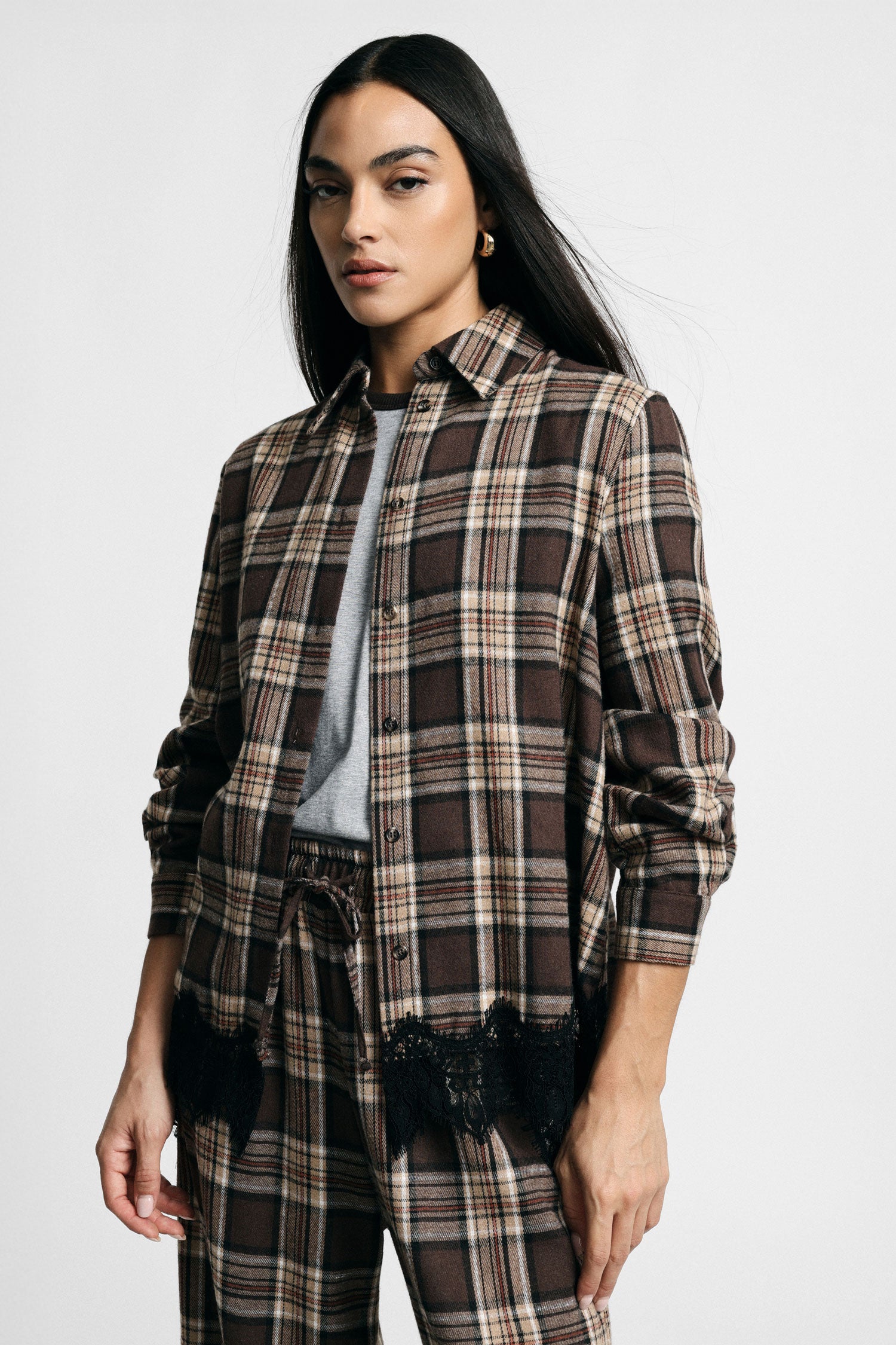 Chemise a carreaux bordure dentelle Please Femme vue portee
