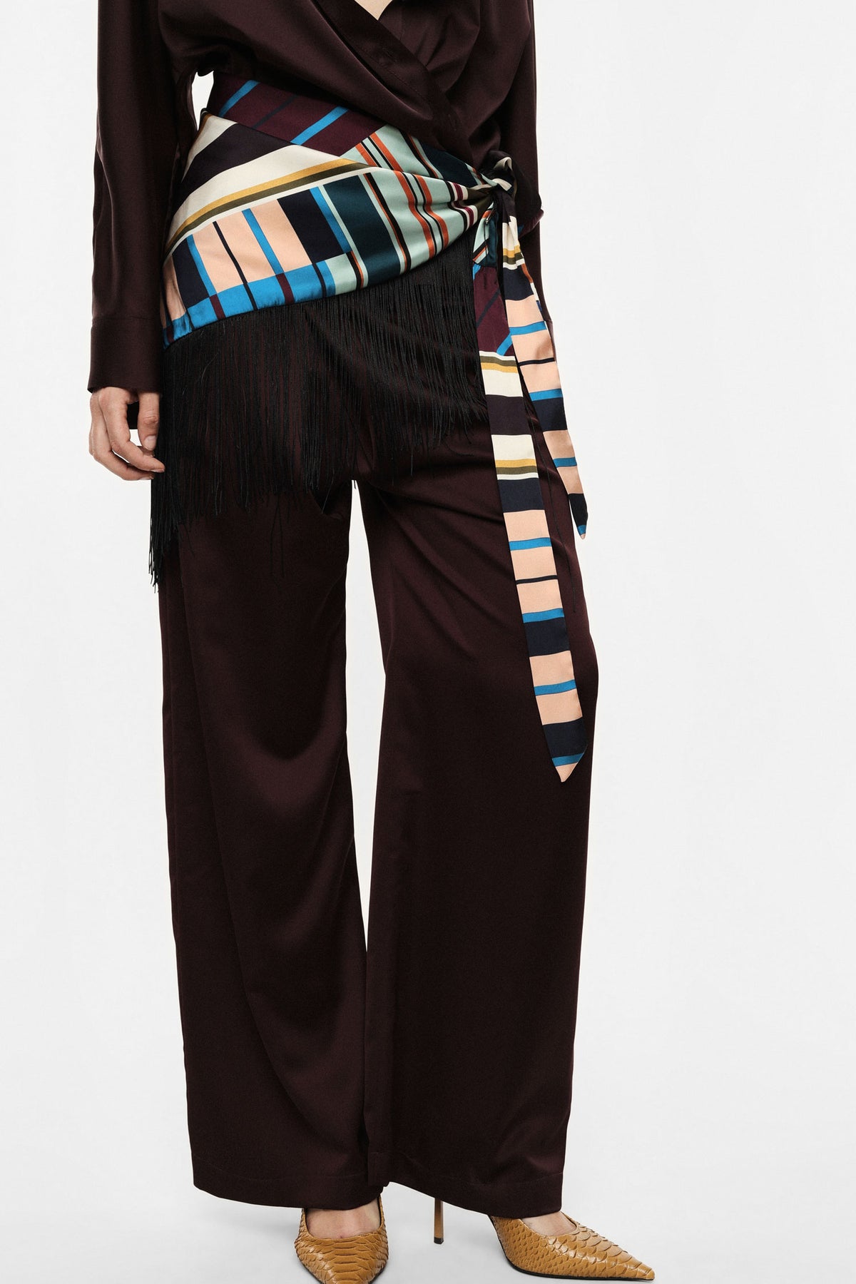 Pantalon palazzo taille haute en crêpe satin prune – Femme