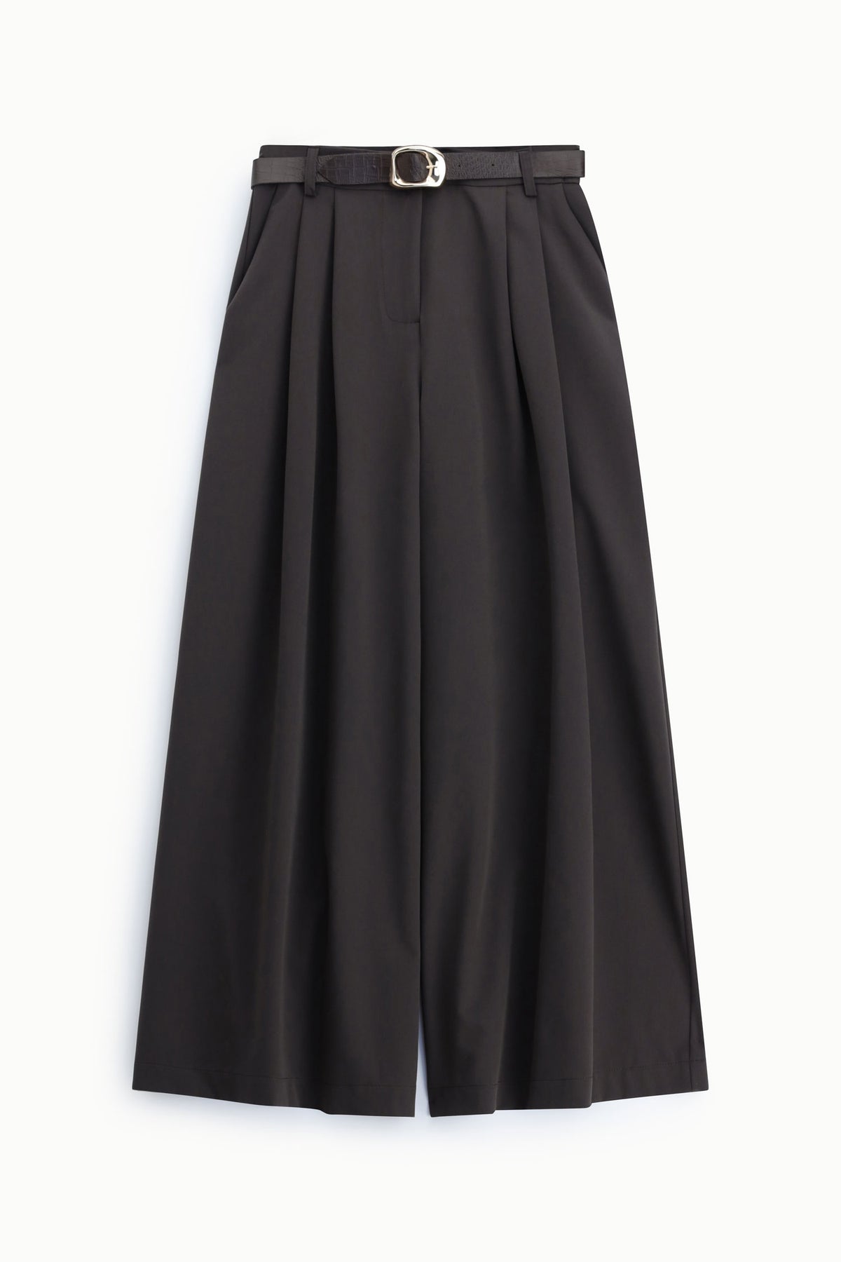 Pantalon palazzo de tailleur ceinturé brun café – Femme