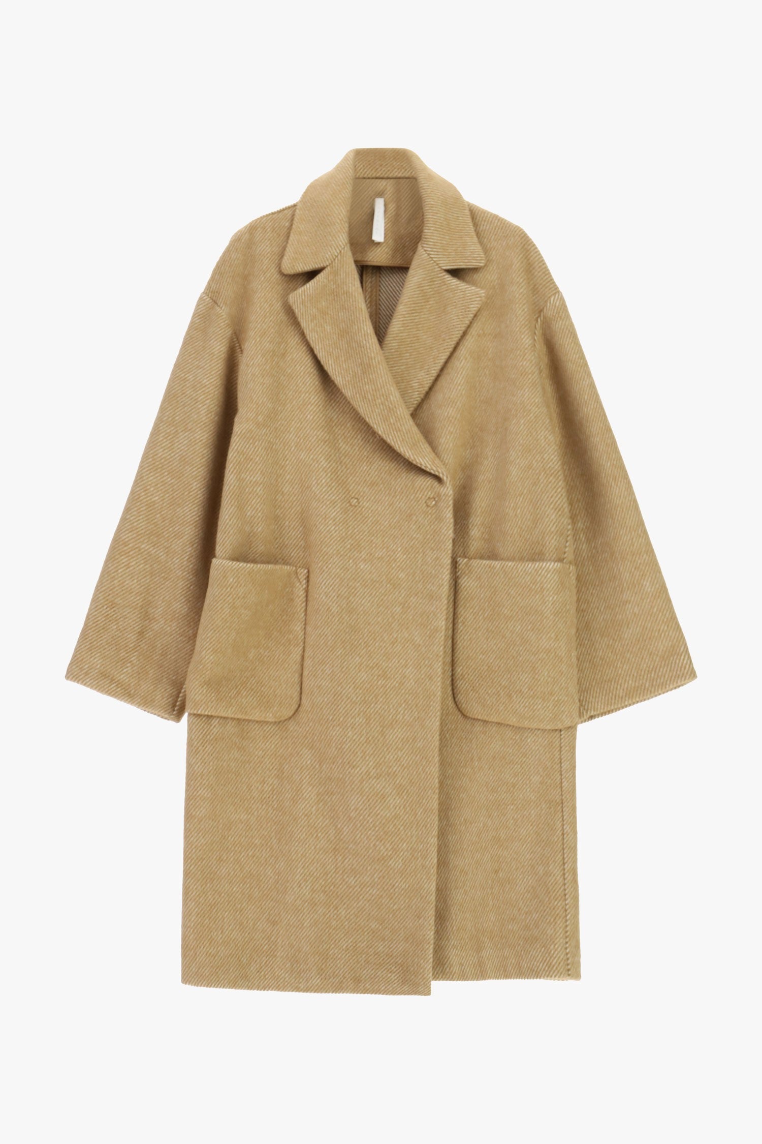 Manteau long camel en drap lainage chiné Imperial, vue de face à plat