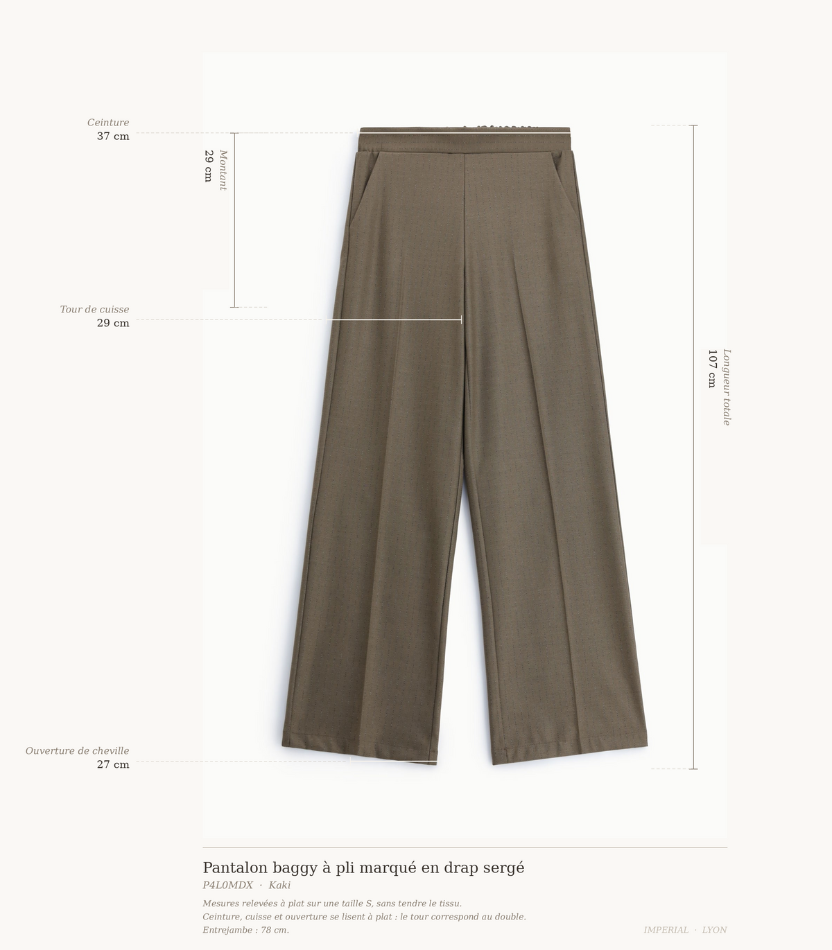 Cartographie des mesures du pantalon baggy Imperial : ceinture 37 cm, montant 29 cm, cuisse 29 cm, ouverture de cheville 27 cm, longueur totale 107 cm