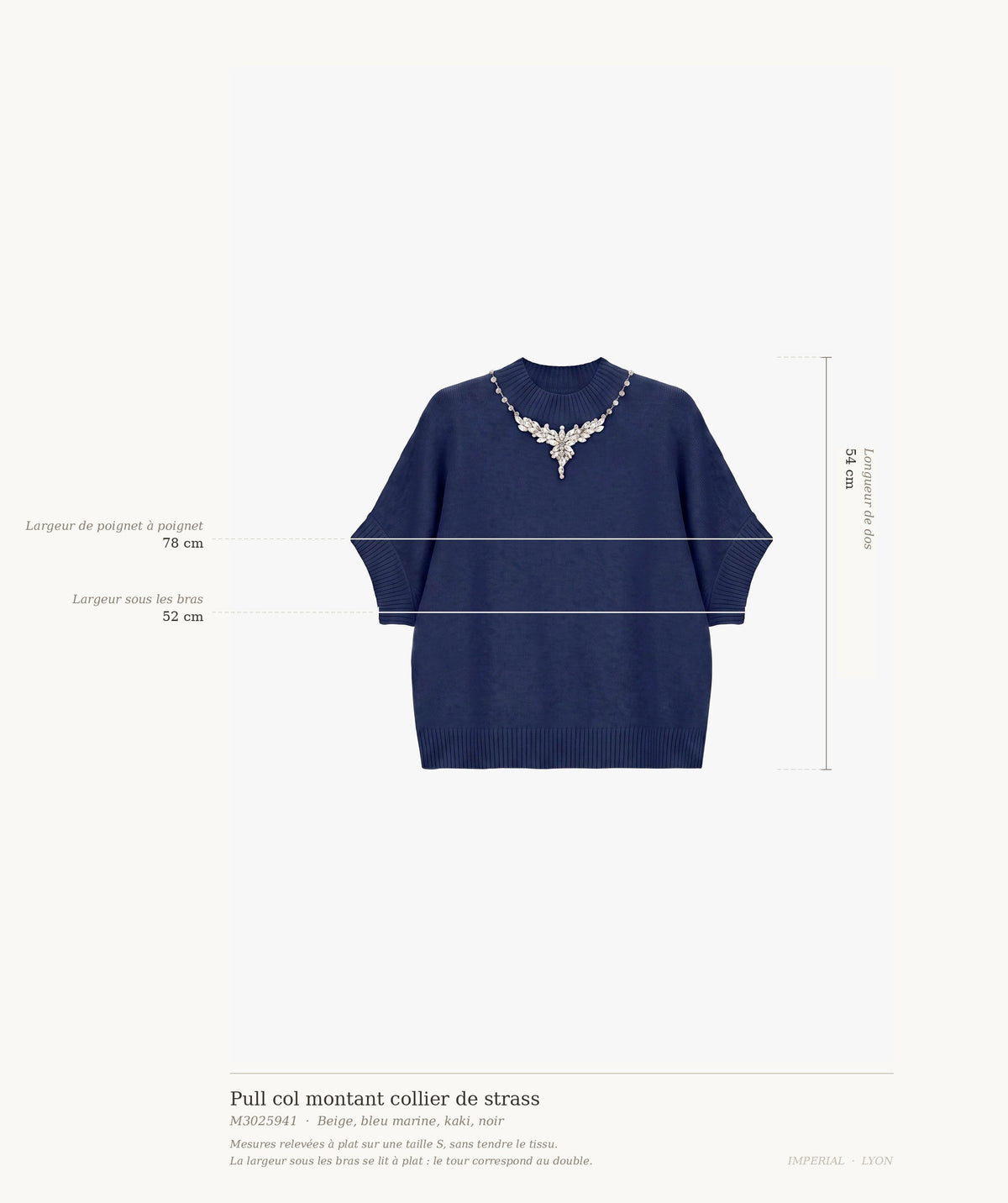 Pull col montant collier de strass – mesures relevées à plat sur une taille S
