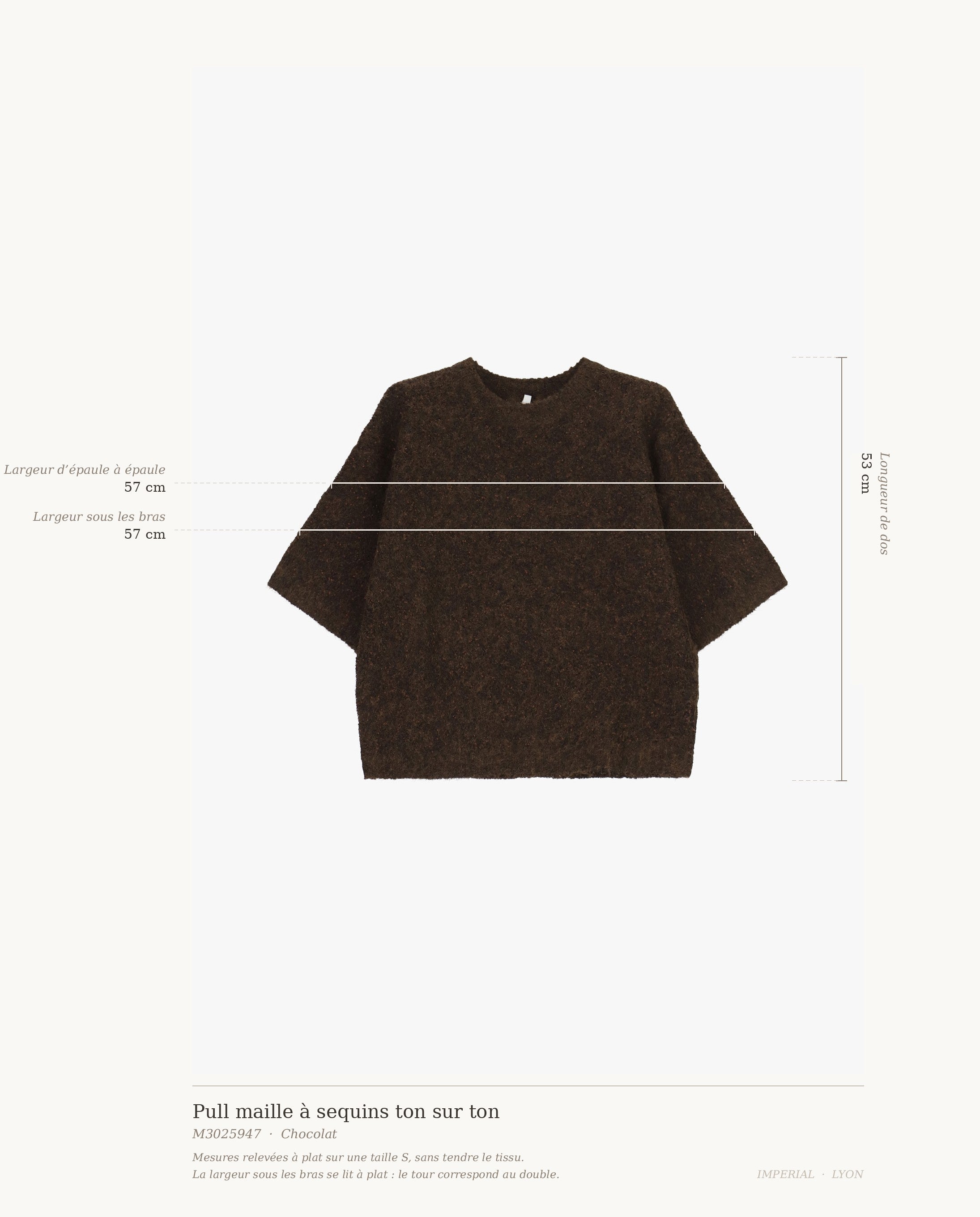 Pull maille à sequins ton sur ton – mesures relevées à plat sur une taille S