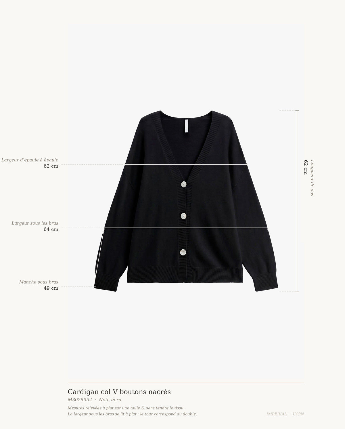 Cardigan col V boutons nacrés – mesures relevées à plat sur une taille S