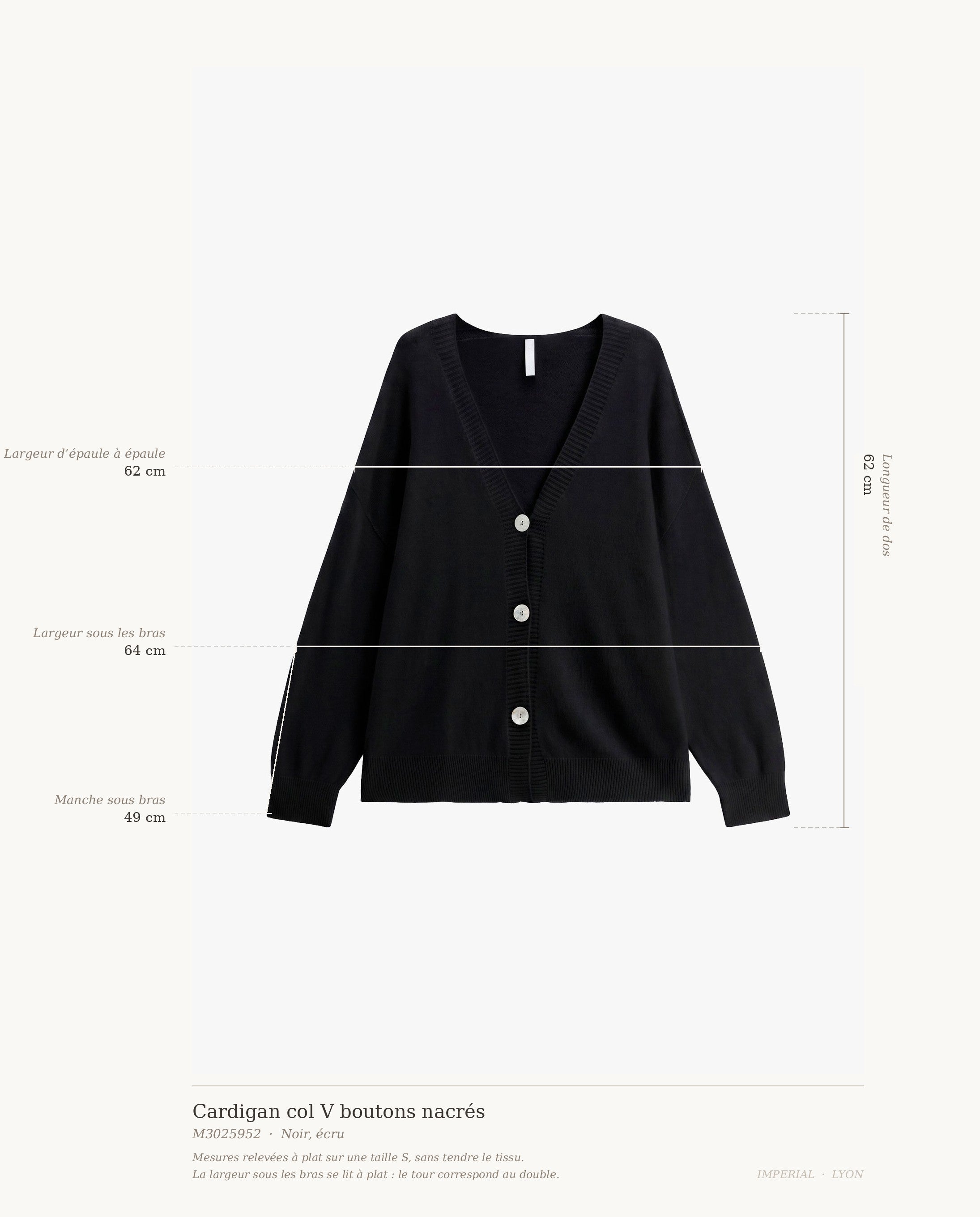 Cardigan col V boutons nacrés – mesures relevées à plat sur une taille S