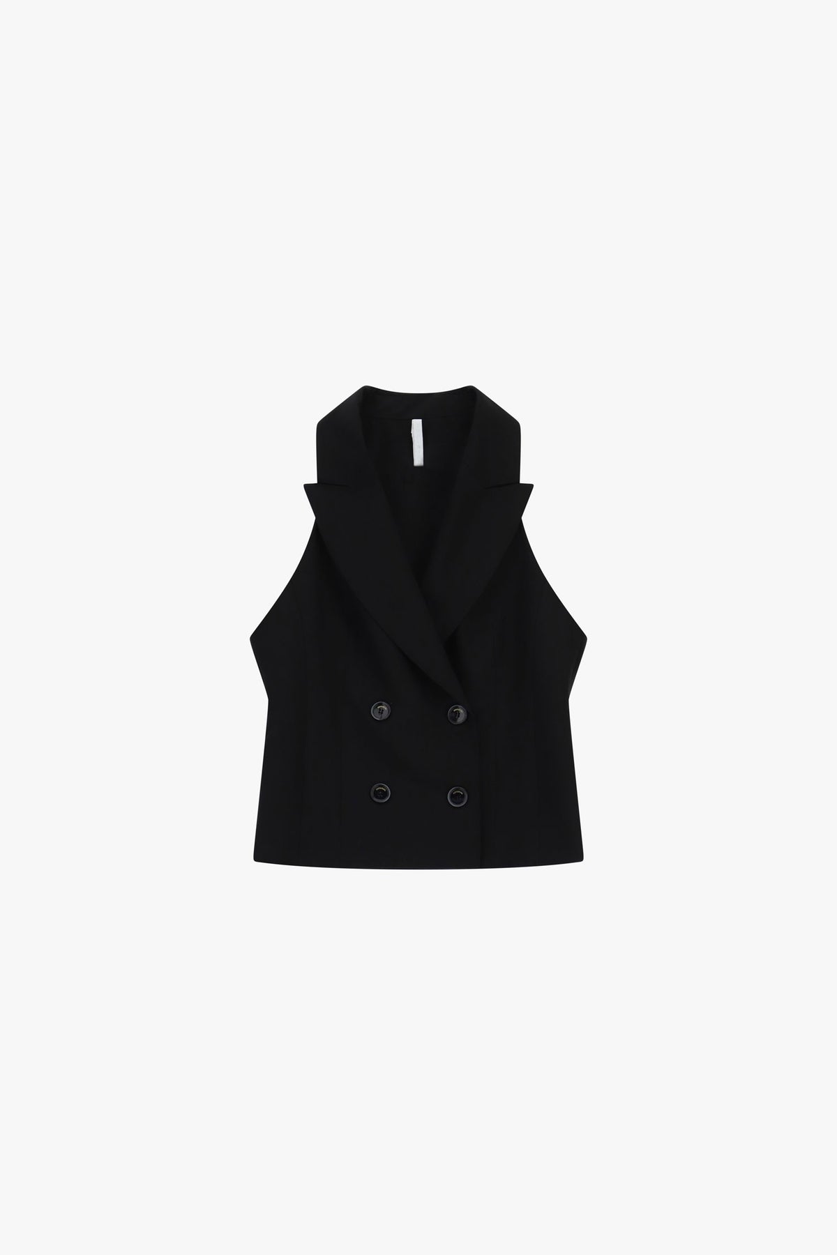 Gilet court croisé sans manches en draperie noire Imperial, vue de face à plat