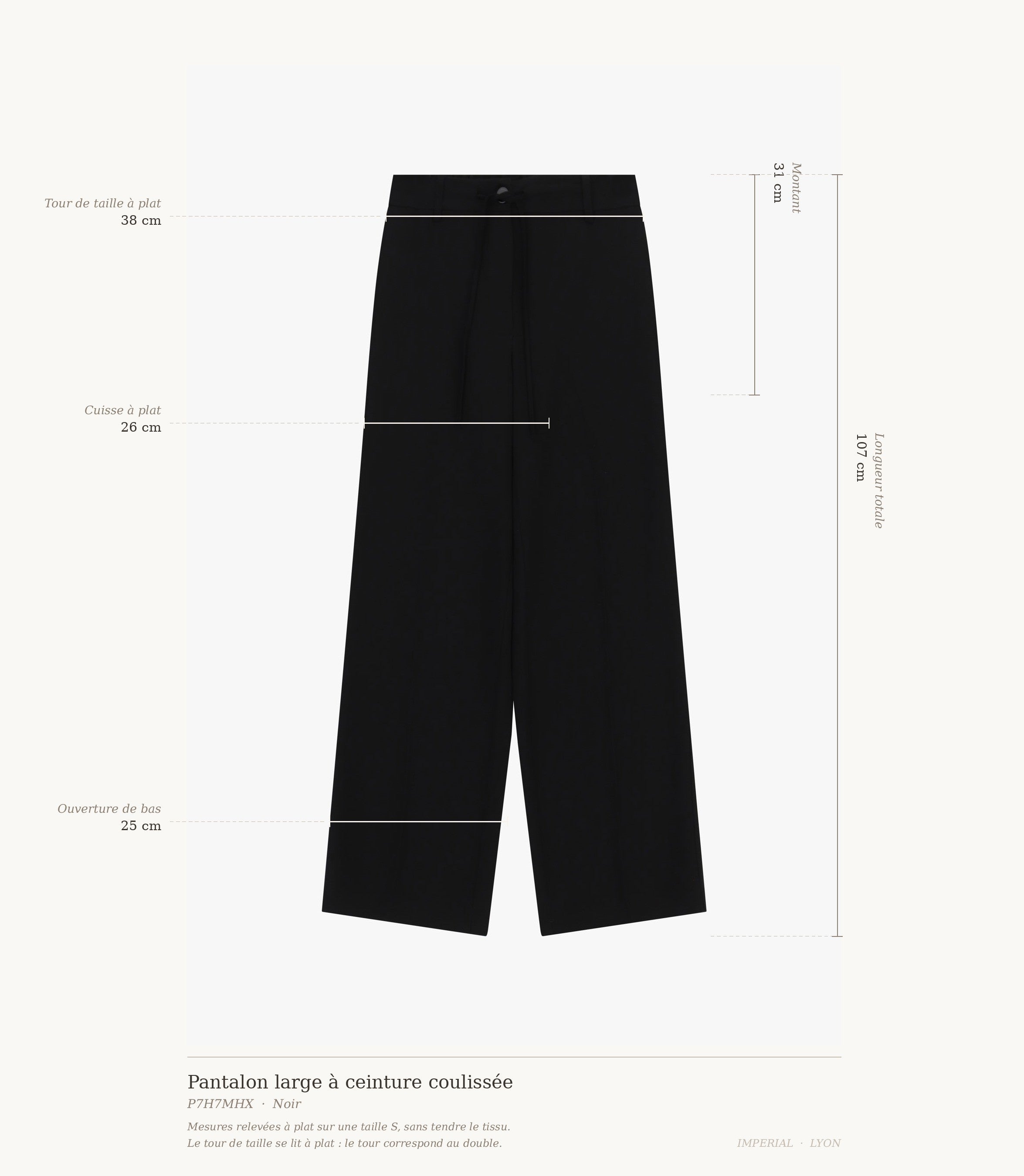 Cartographie des mesures du pantalon Imperial : taille 38 cm, montant 31 cm, cuisse 26 cm, ouverture 25 cm, longueur 107 cm