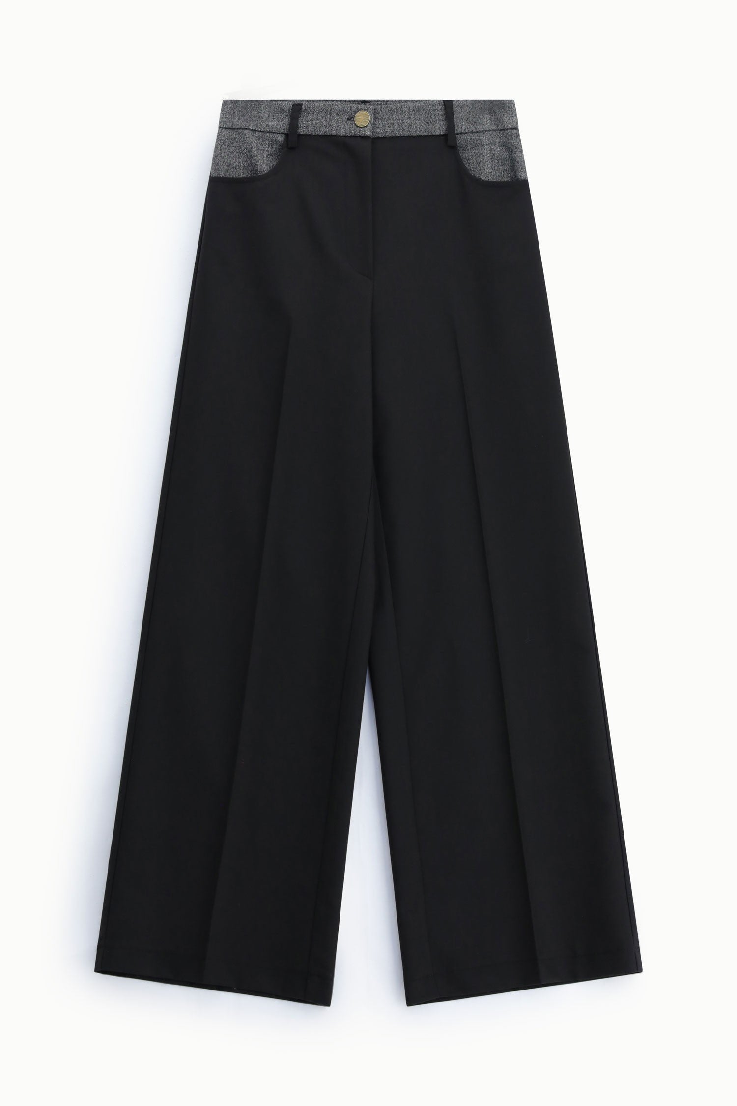 Pantalon palazzo noir à ceinture et poches en piqué gris Imperial, vue de face à plat