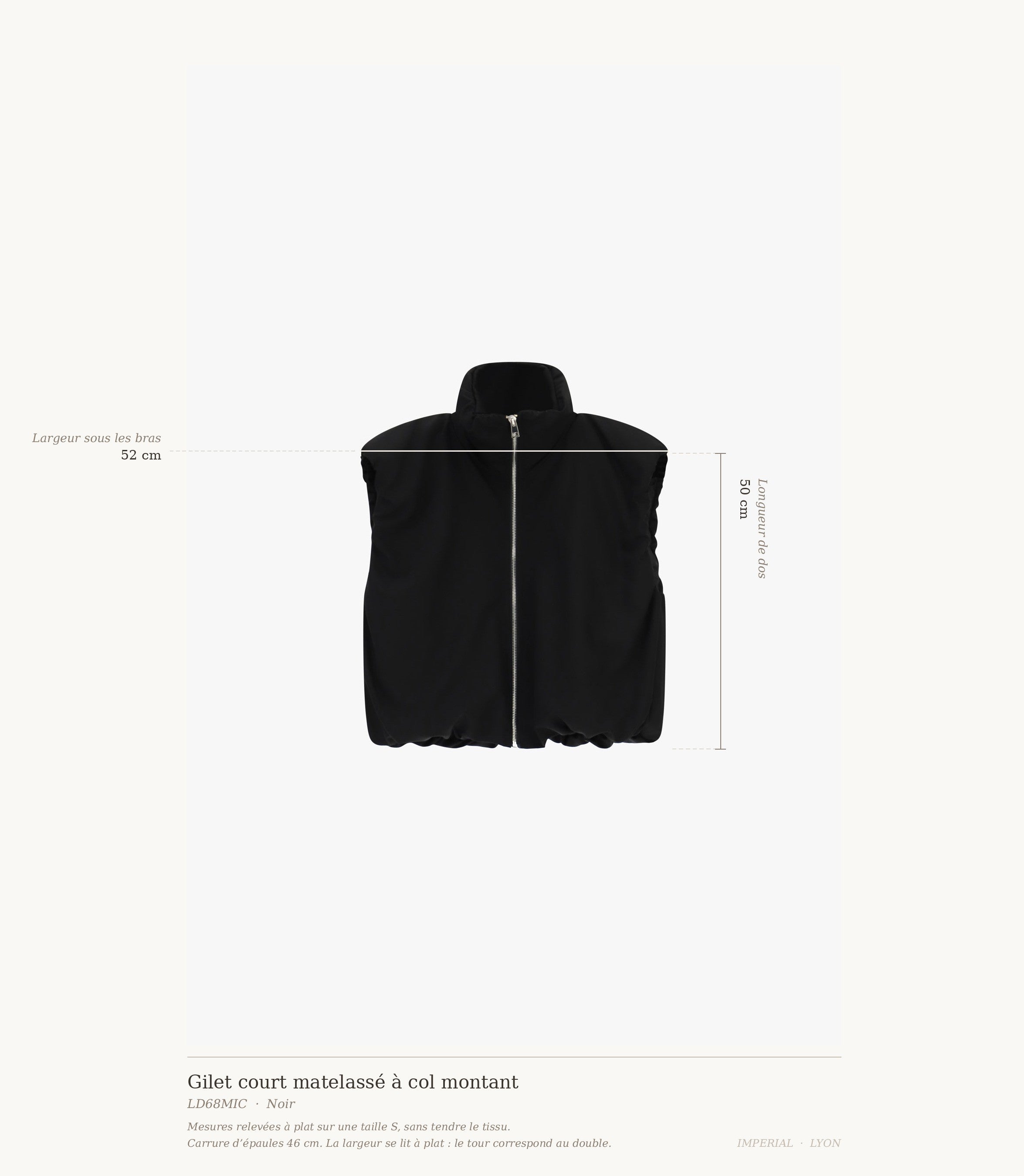 Cartographie des mesures du gilet Imperial : dos 50 cm, carrure 46 cm, largeur sous les bras 52 cm