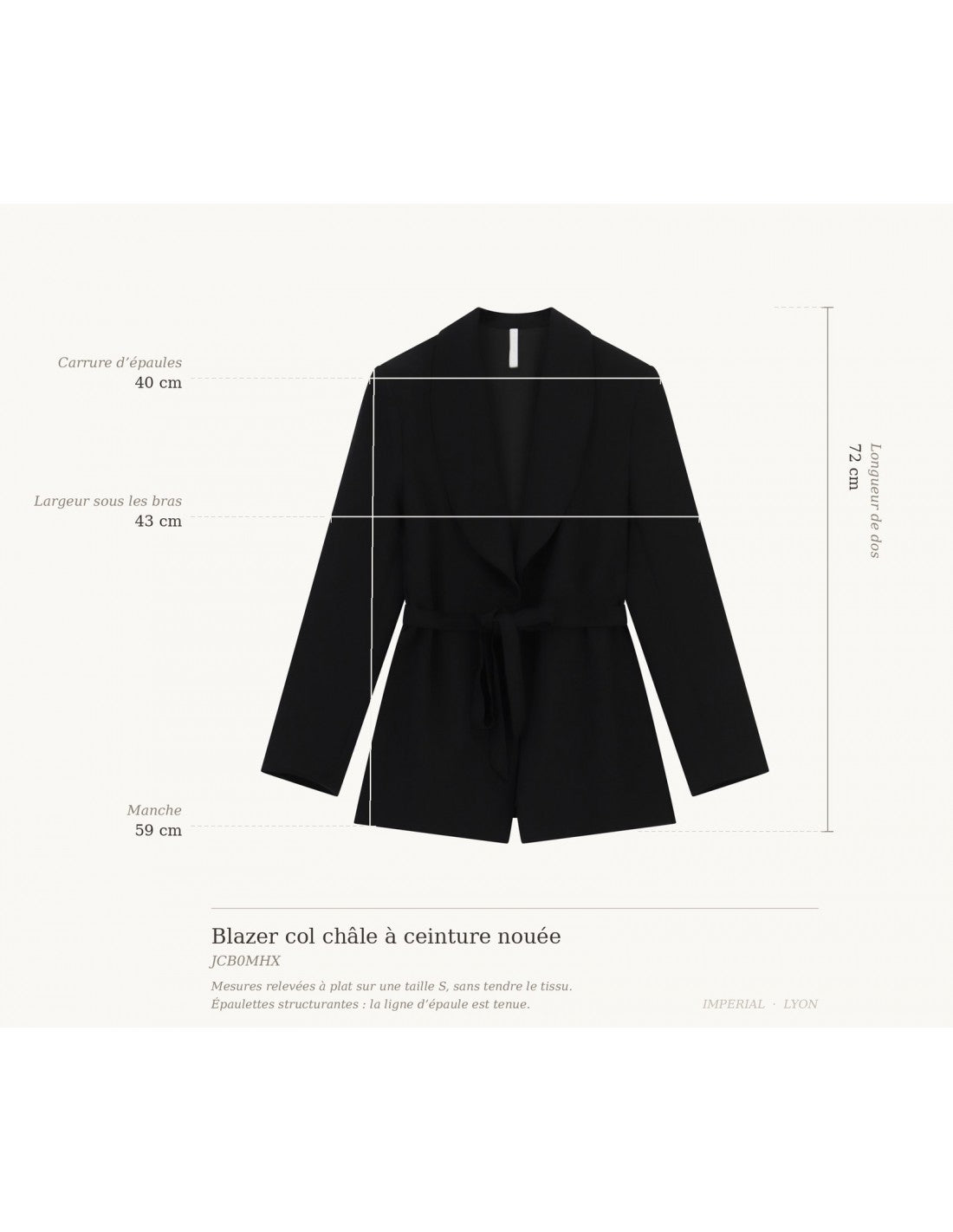 Blazer col châle à ceinture nouée, schéma des mesures à plat sur taille S